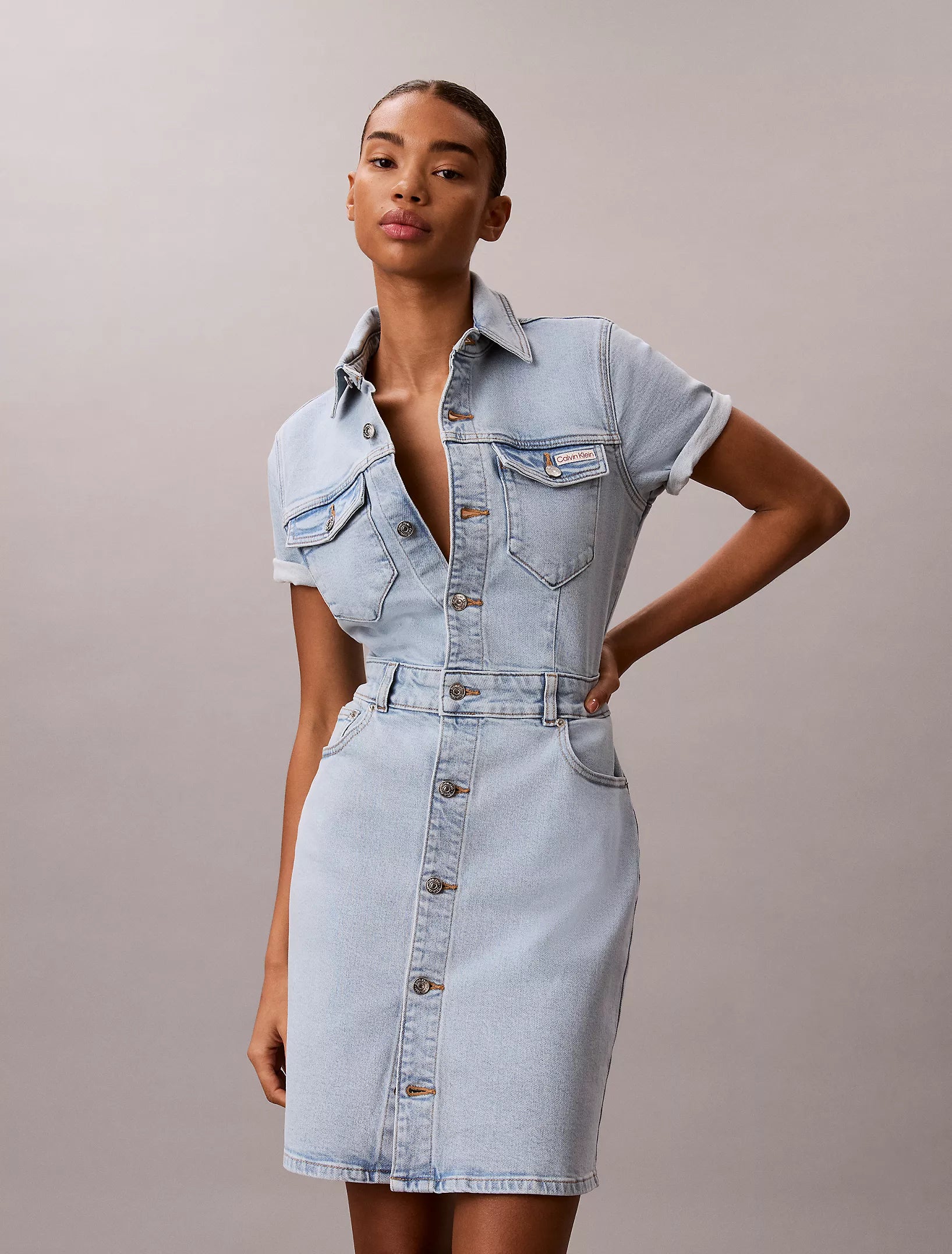 Calvin Klein Women's Denim Mini Trucker Dress-Light Blue