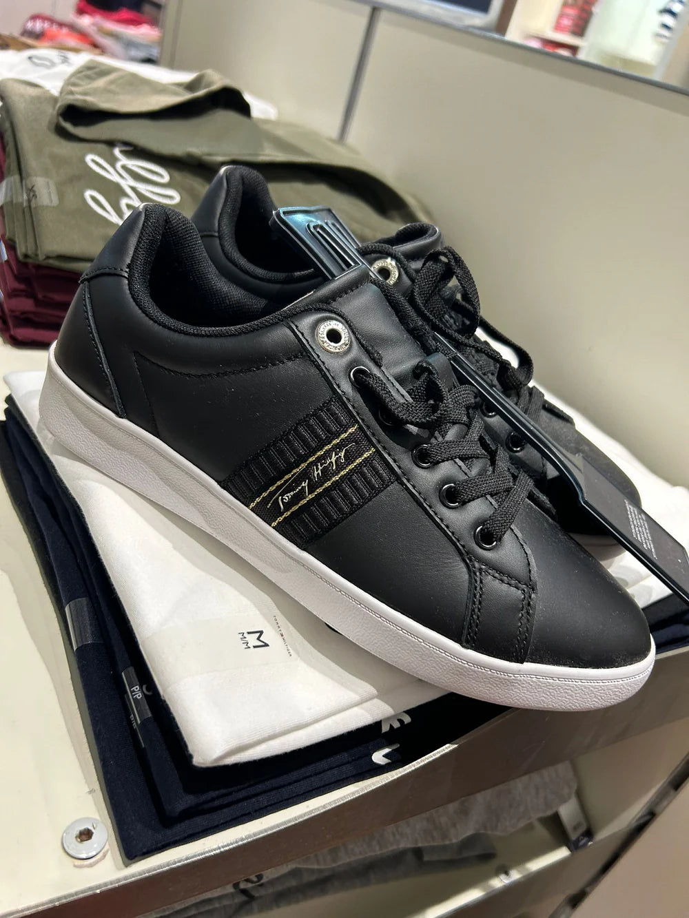 Tommy Hilfiger Women Black Solid Leather Regular Court Sneakers with Woven Design Detail