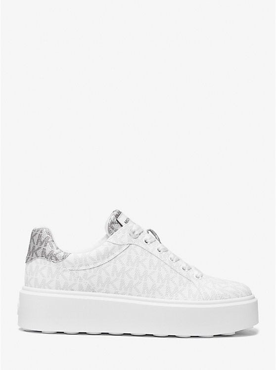 Michael Kors WOMENS' Romey Metallic Two-Tone Signature Logo Platform Sneaker BRIGHT WHT