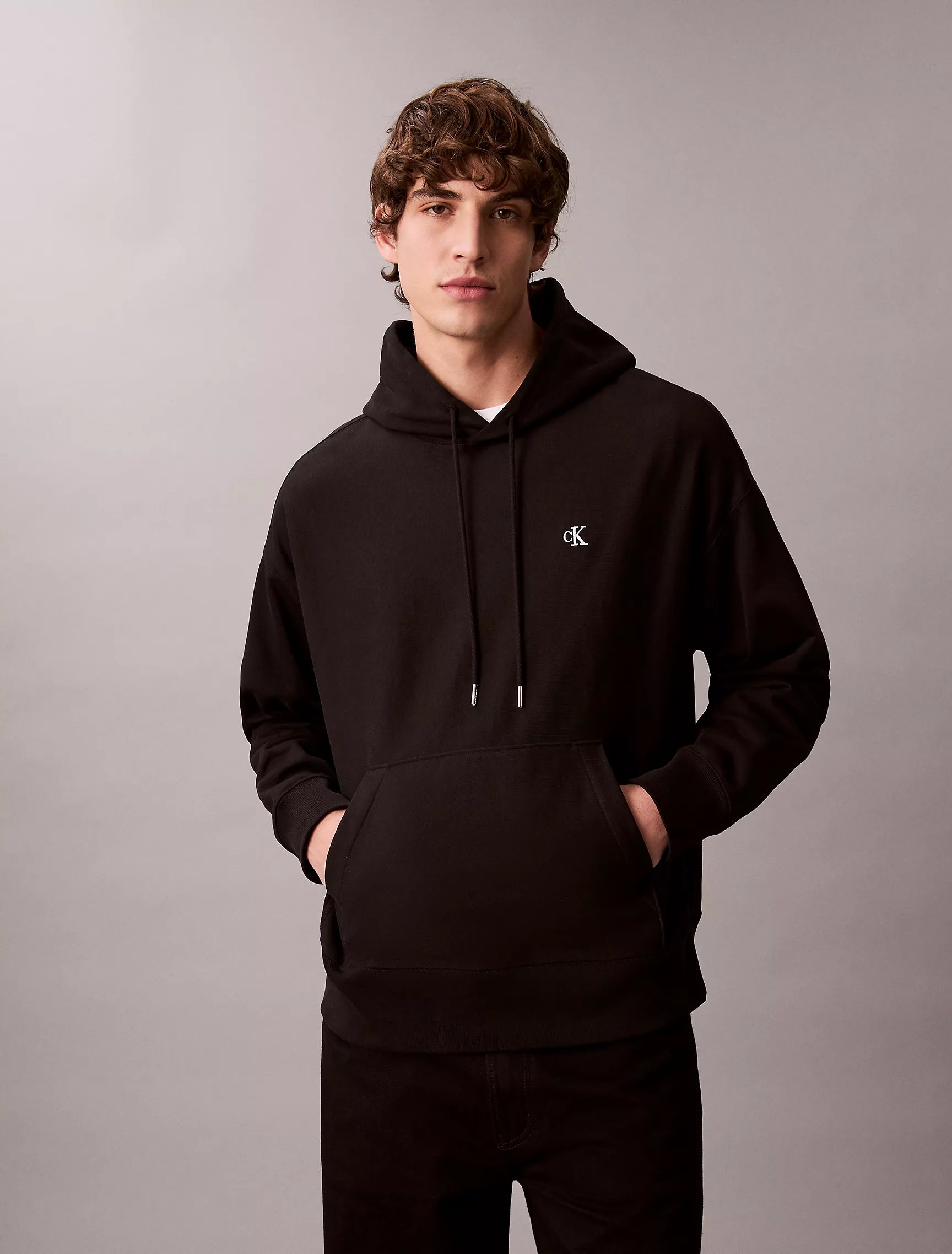CALVIN KLEIN Mens' Premium Terry Relaxed Monogram Fleece Hoodie Black