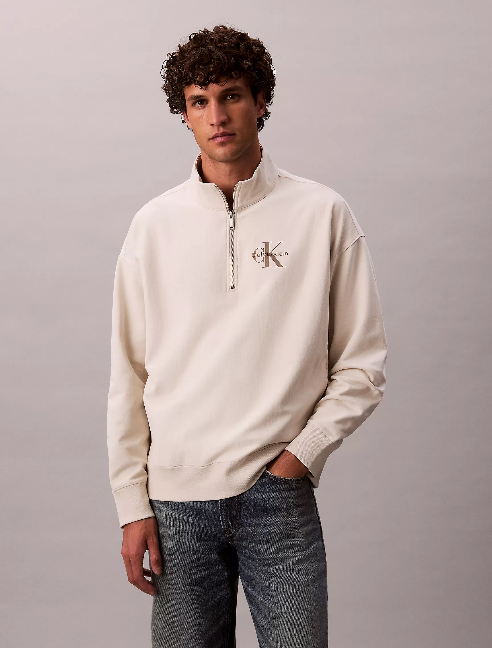 CALVIN KLEIN Mens' Monologo Premium Terry Quarter Zip Sweatshirt Chalk