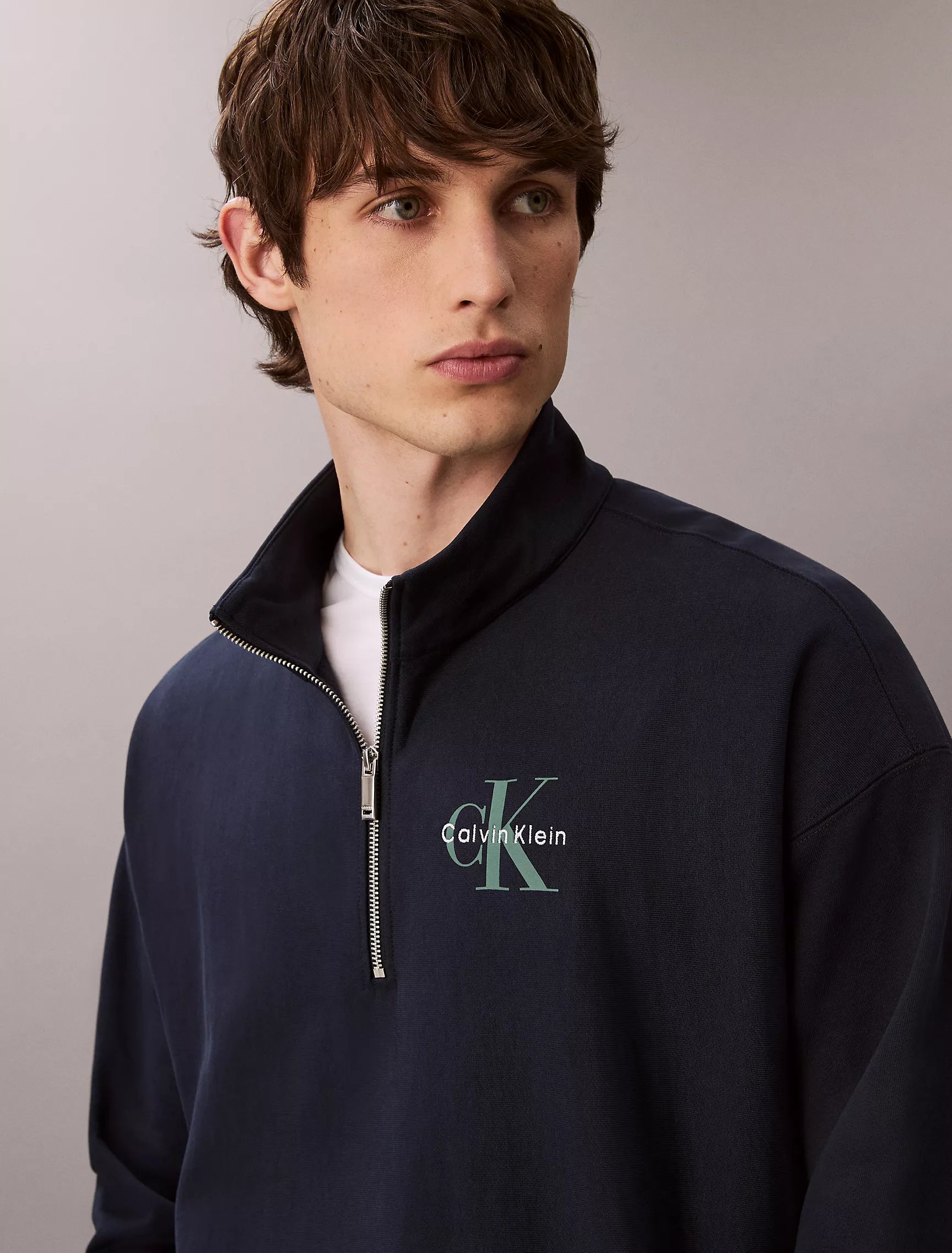 CALVIN KLEIN Mens' Monologo Premium Terry Quarter Zip Sweatshirt Dark Sapphire