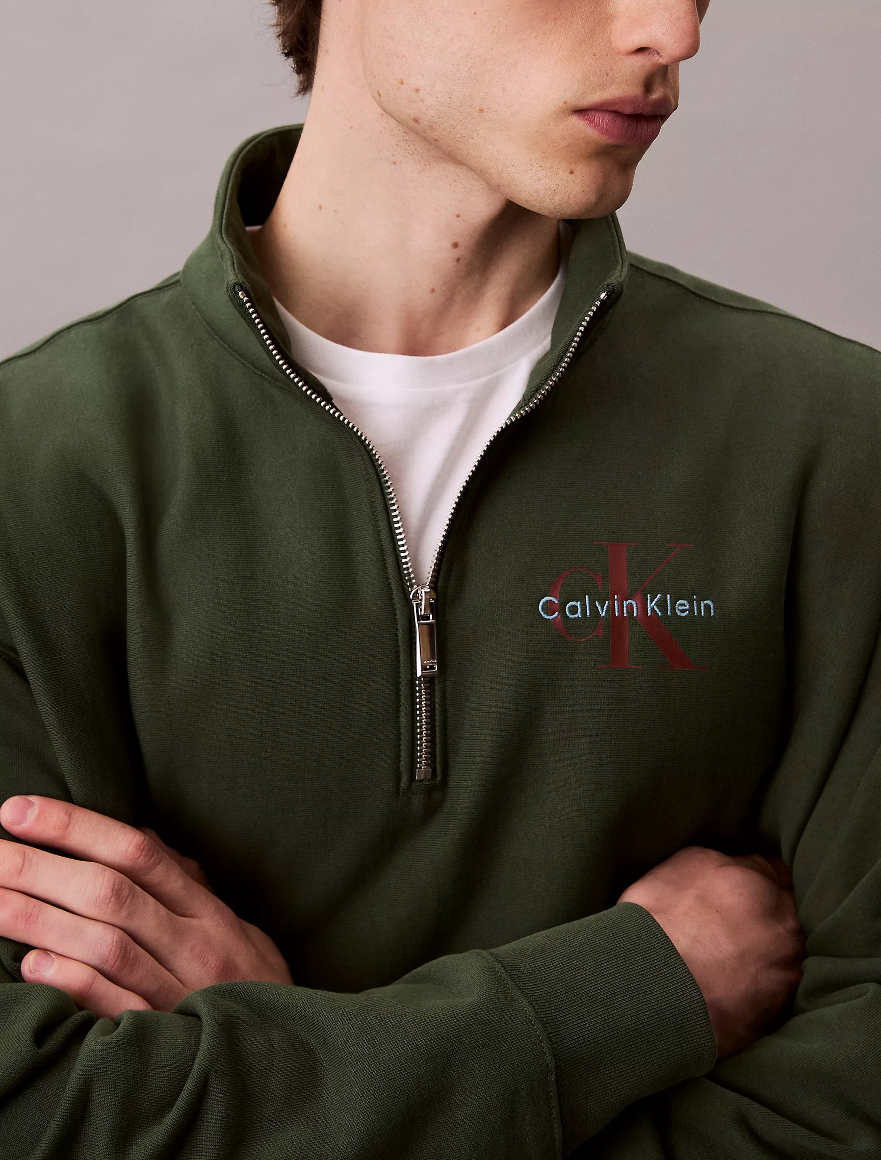 CALVIN KLEIN Mens' Monologo Premium Terry Quarter Zip Sweatshirt Sycamore
