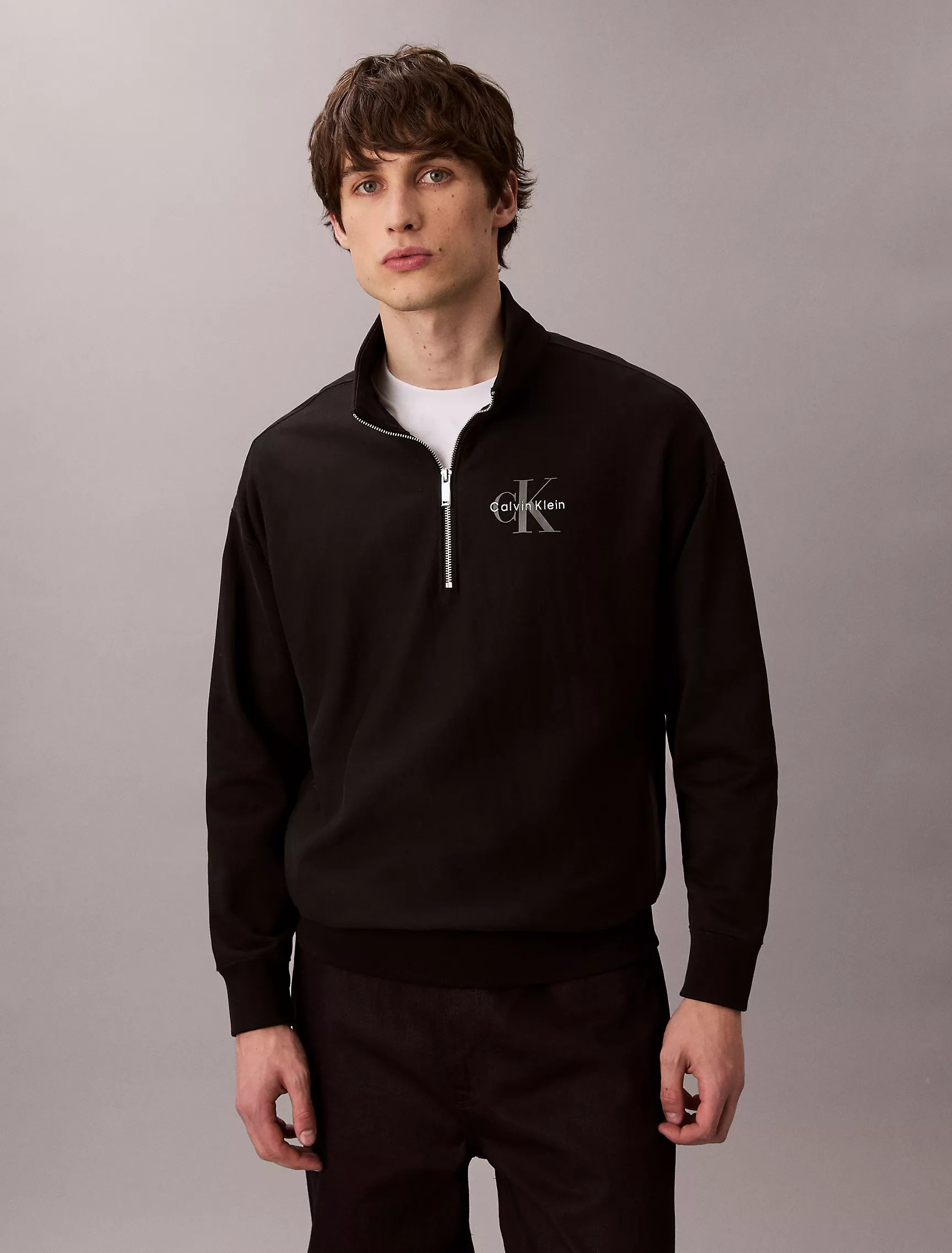 CALVIN KLEIN Mens' Monologo Premium Terry Quarter Zip Sweatshirt Black