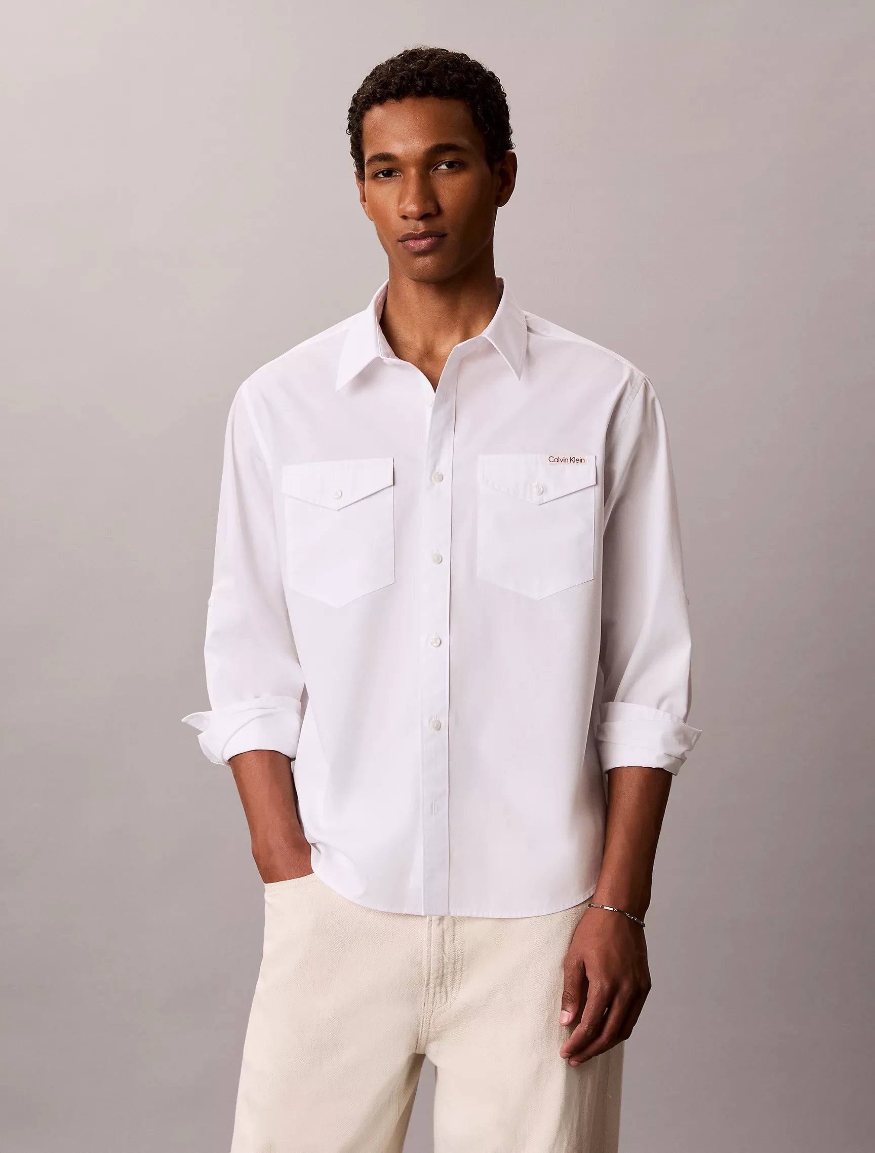 Calvin Klein Men's Utility Washed Poplin Easy Shirt-Brilliant White