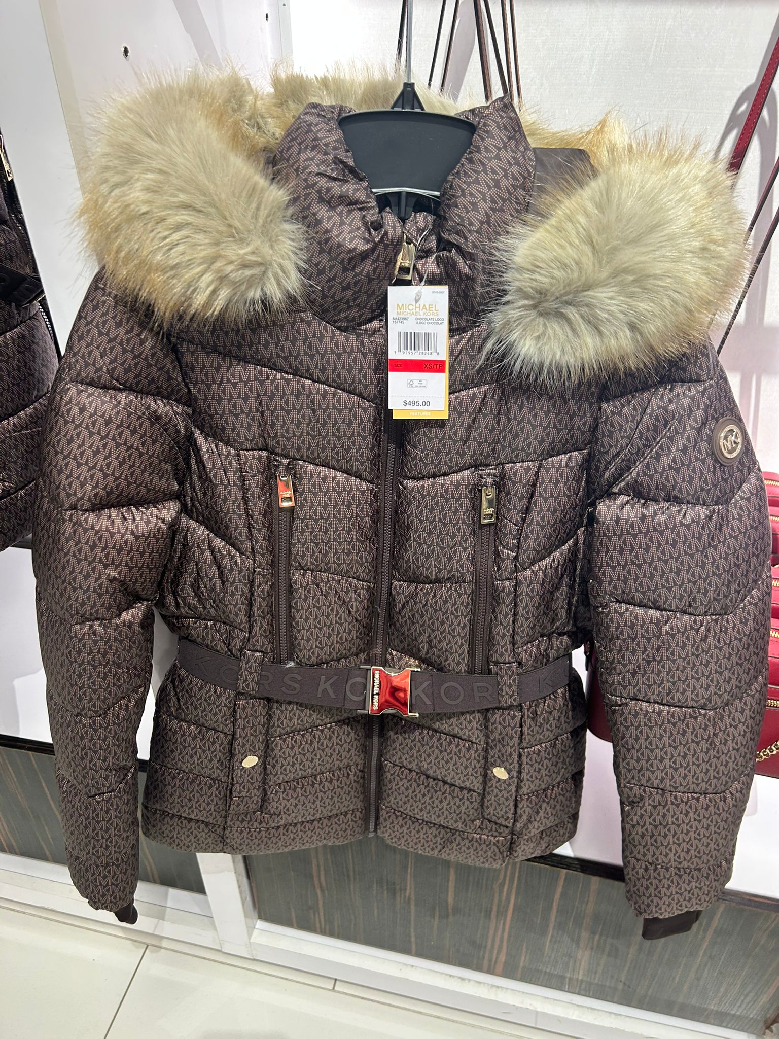 Michael Kors WOMENS' Faux Fur Trim Belted Puffer Jacket CHOCOLATE