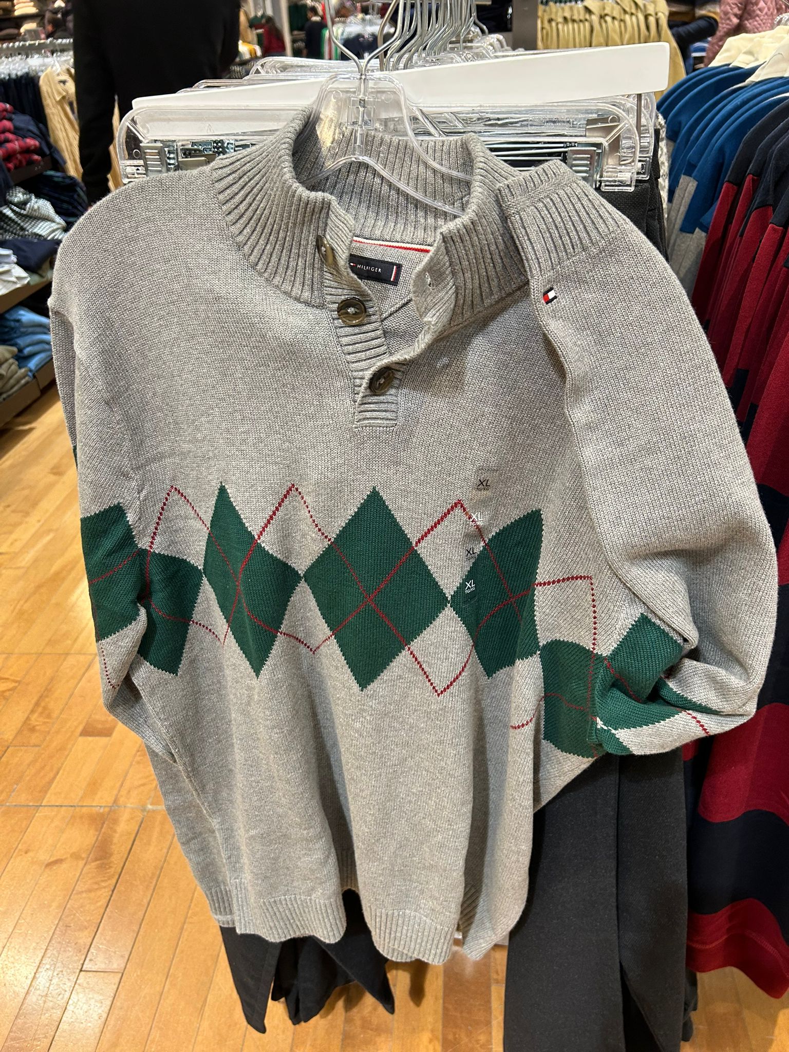 Tommy Mens' Argyle Quarter-Button Mockneck Sweater Grey Heather