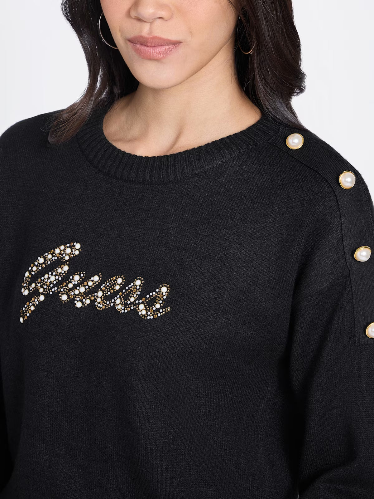 Womens' GUESS Erin Beaded Logo Sweater Black