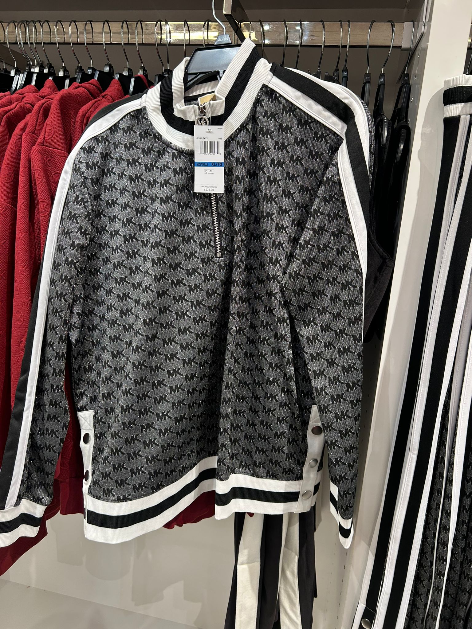 Michael Kors WOMENS' Logo Print Metallic Stretch Knit Half-Zip Jacket BLACK/SILVER
