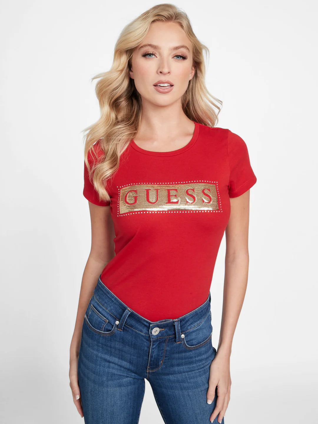 Womens' Guess steel sequin and rhinestone tee/RED