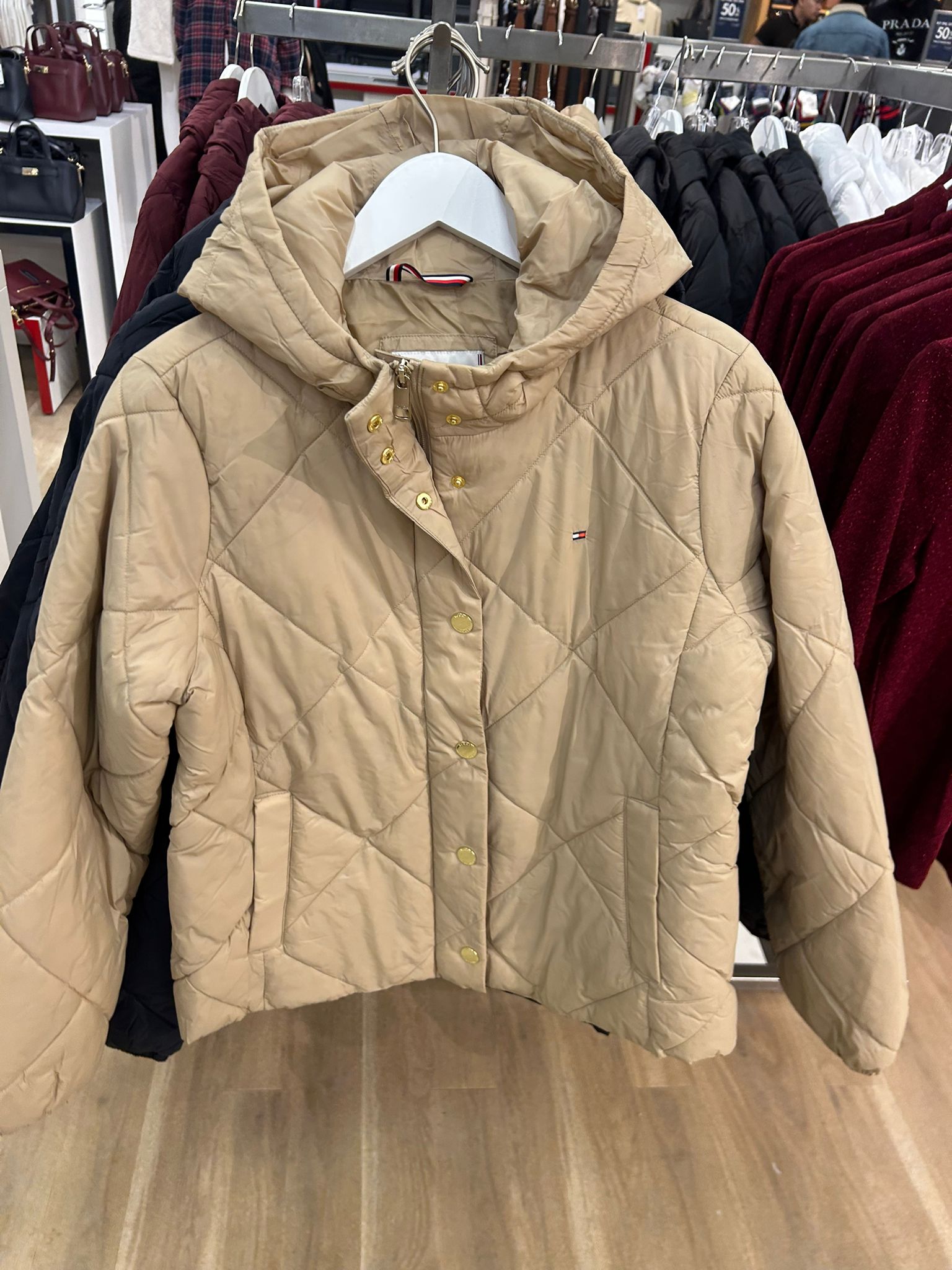 TOMMY WOMENS' Lightweight Hooded Padded Quilted Jacket Beige