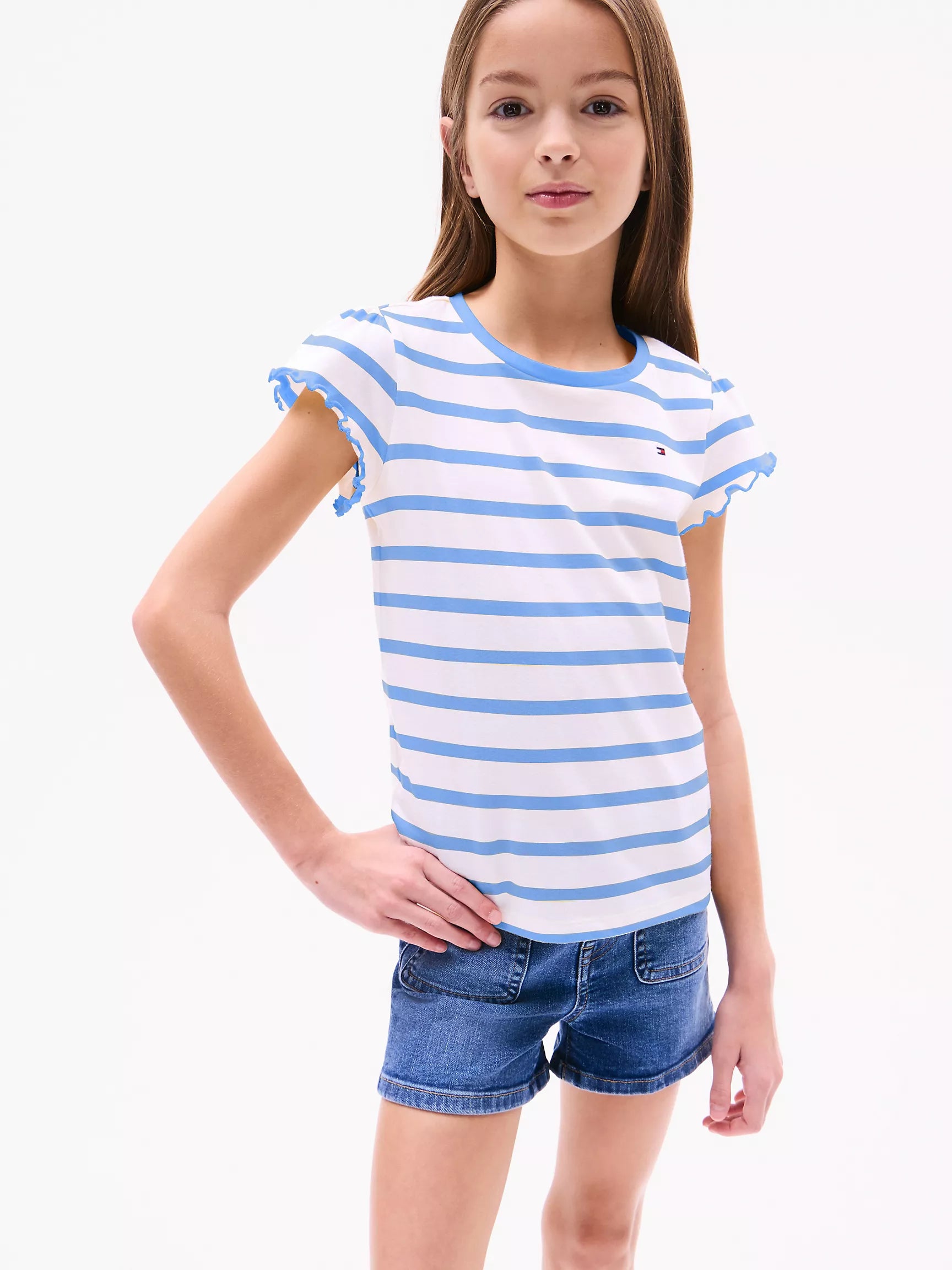 Tommy Hilfiger Girls Stripe Ruffle-Sleeve T-Shirt / Copenhagen Blue Stripe