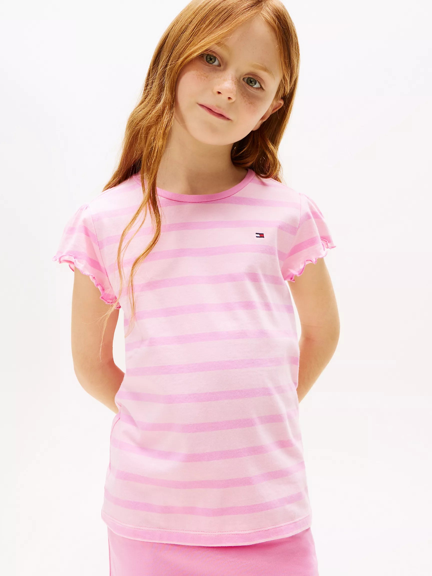 Tommy Hilfiger Girls Stripe Ruffle-Sleeve T-Shirt /Fuchsia Pink