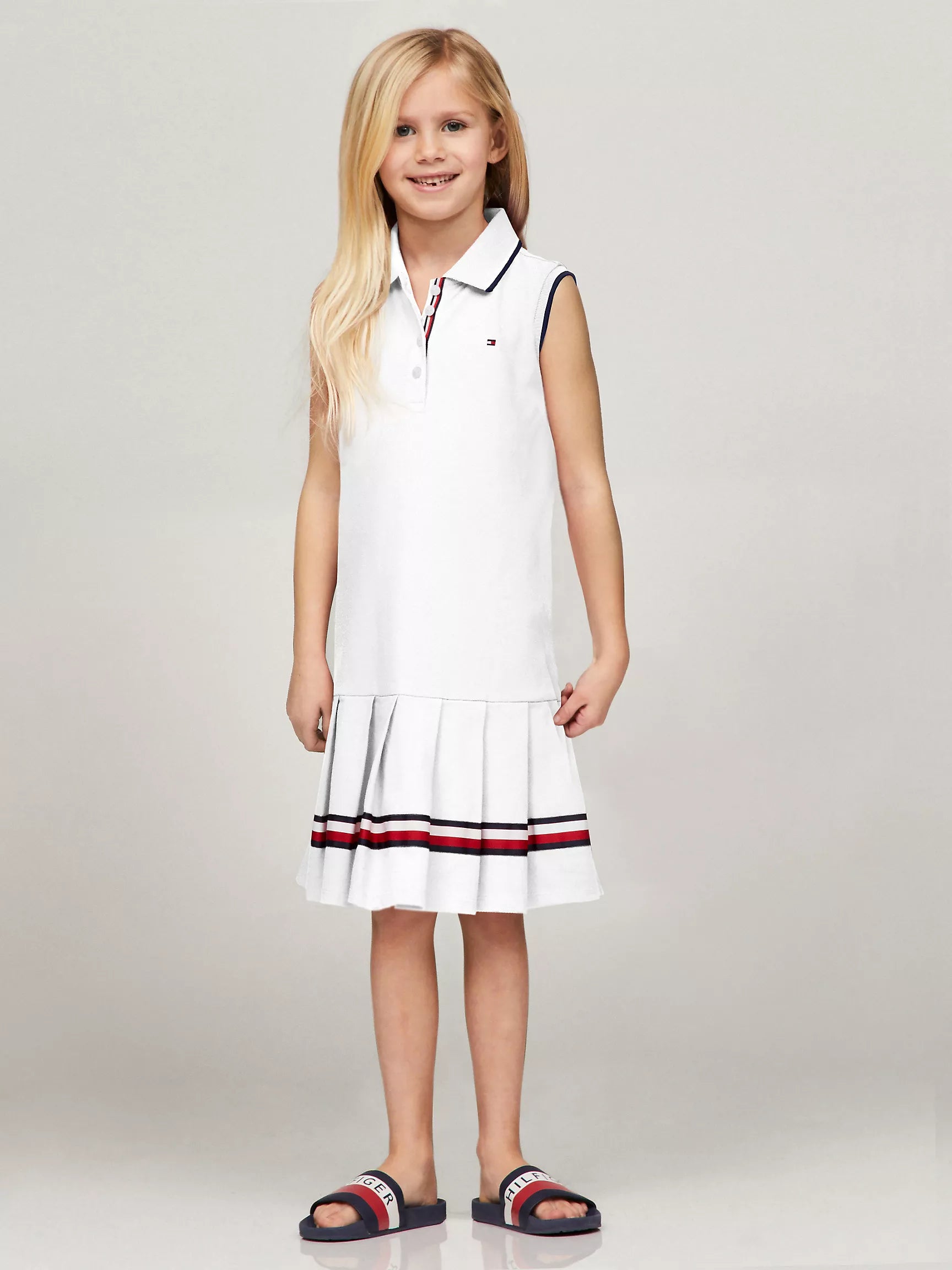 Tommy Girls Sleeveless Pleated Polo Dress/ White