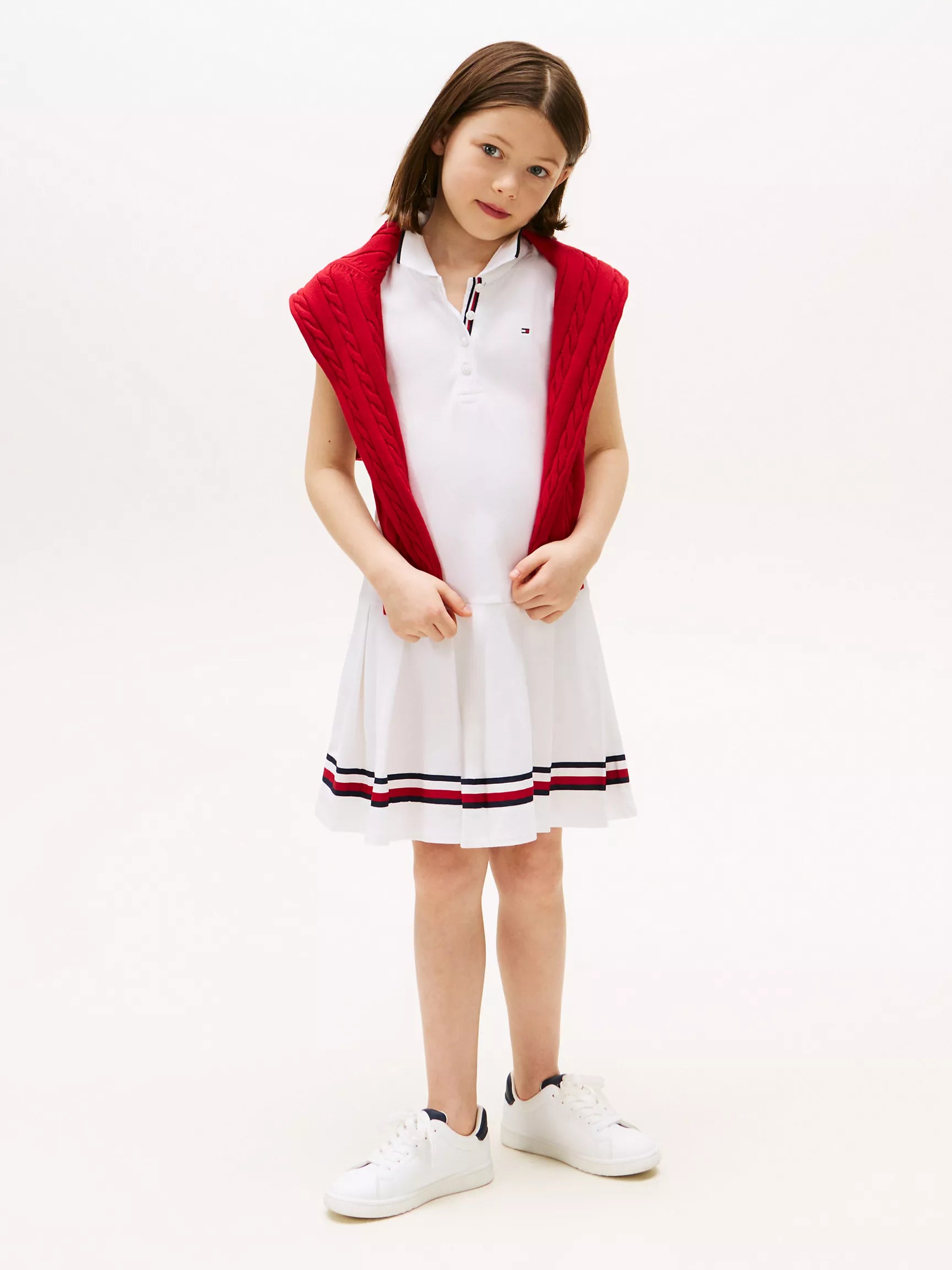 Girls' Tommy Sleeveless Pleated Polo Dress/ White
