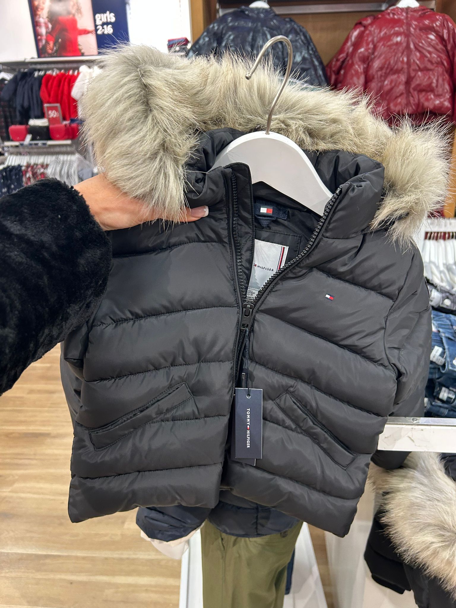 TOMMY Girls Faux Fur Hood Puffer Jacket BLACK