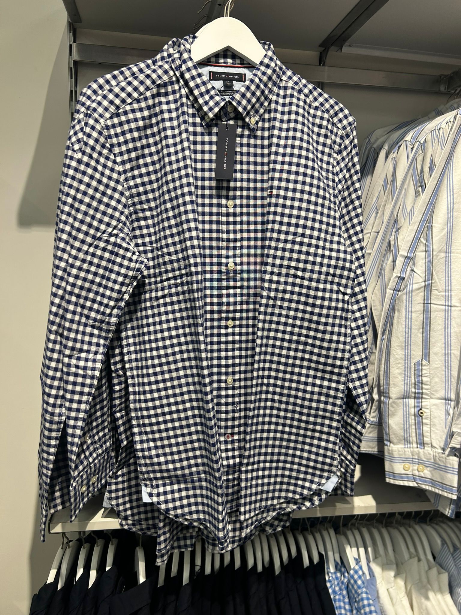 Slim Fit Stretch Gingham Oxford Shirt-Navy/Optic White