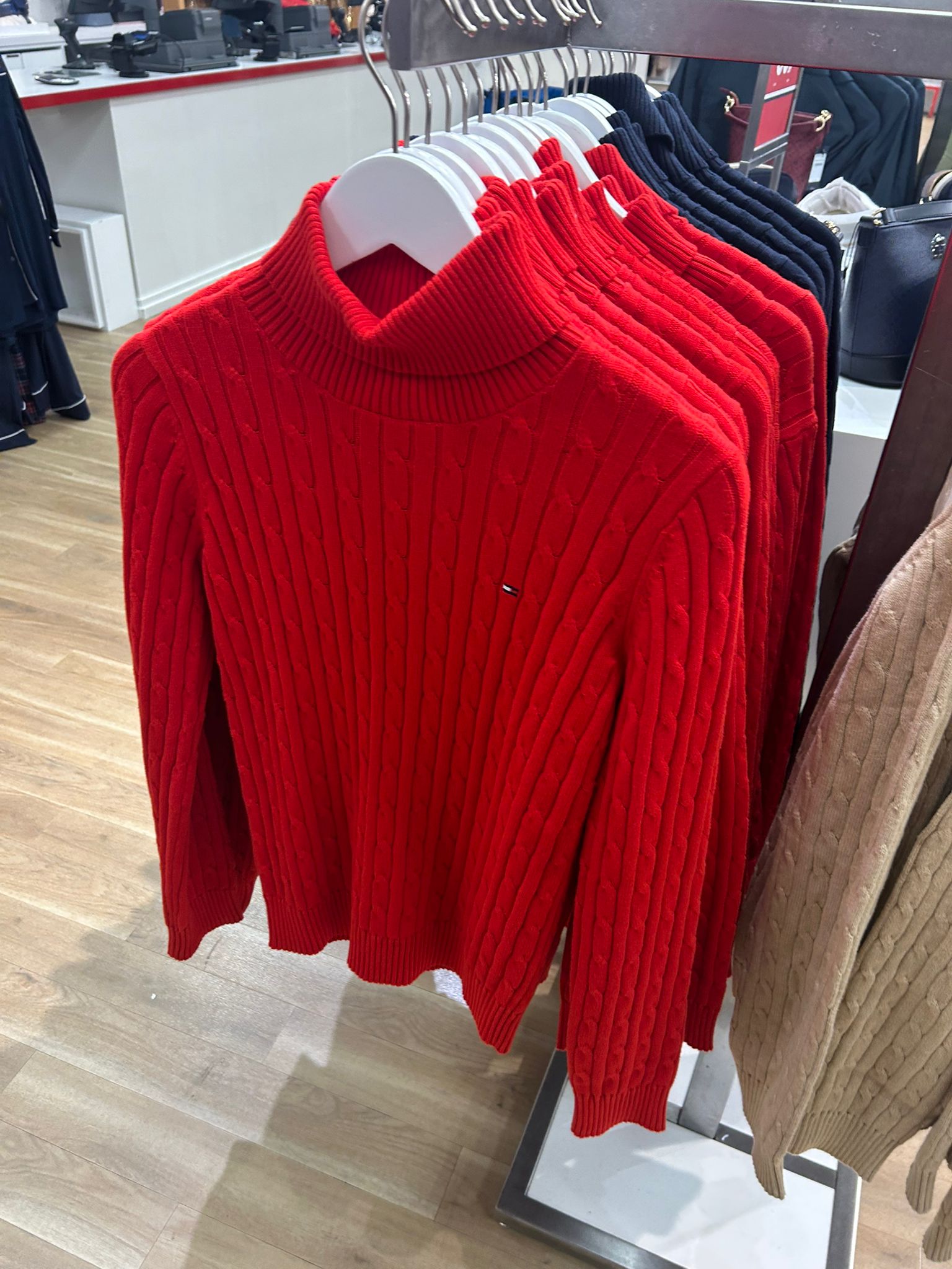 Womens' TOMMY Cable Knit Turtleneck Sweater Deep Crimson