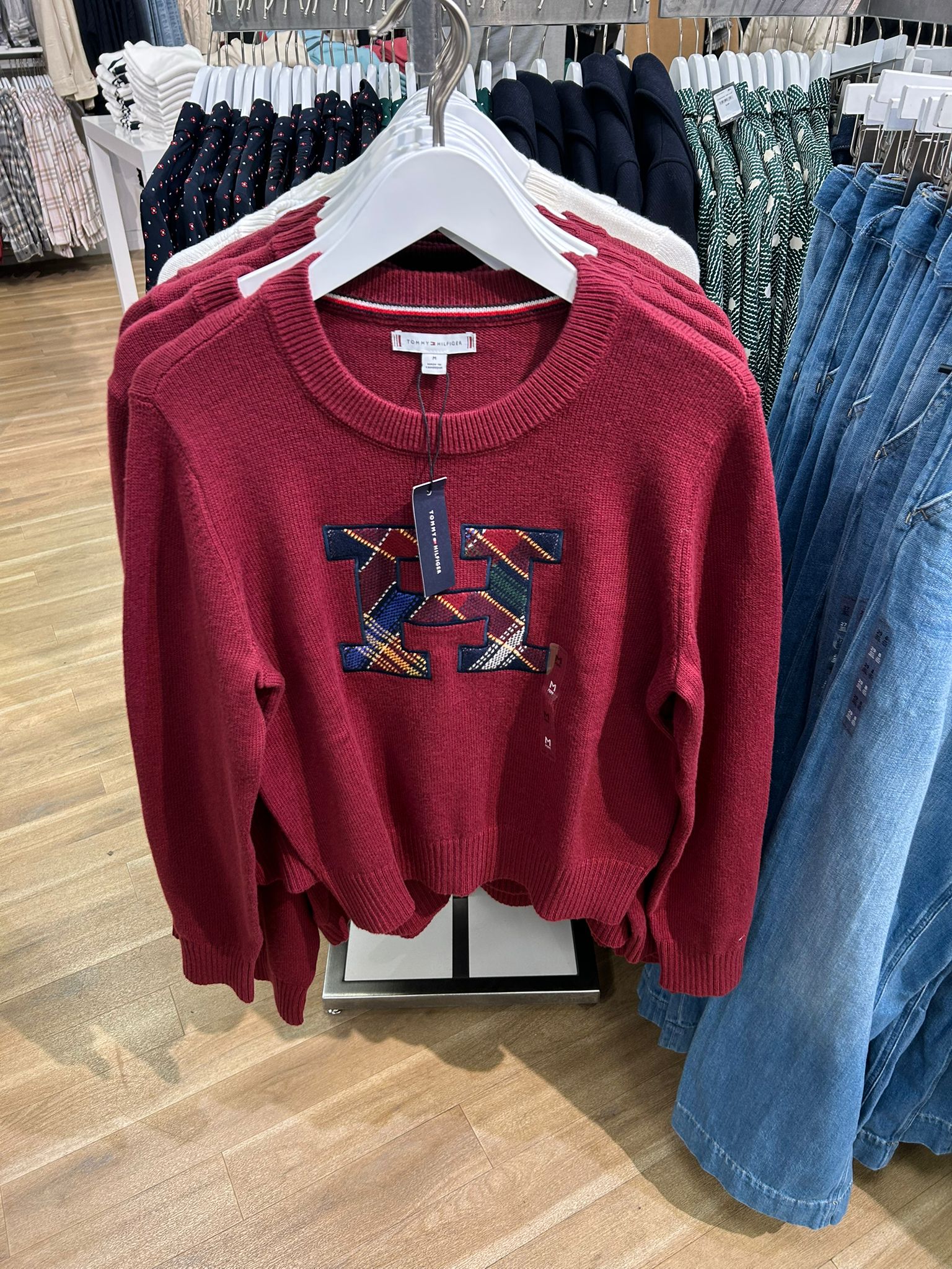 Womens' TOMMY Plaid Monogram Crewneck Sweater Rouge