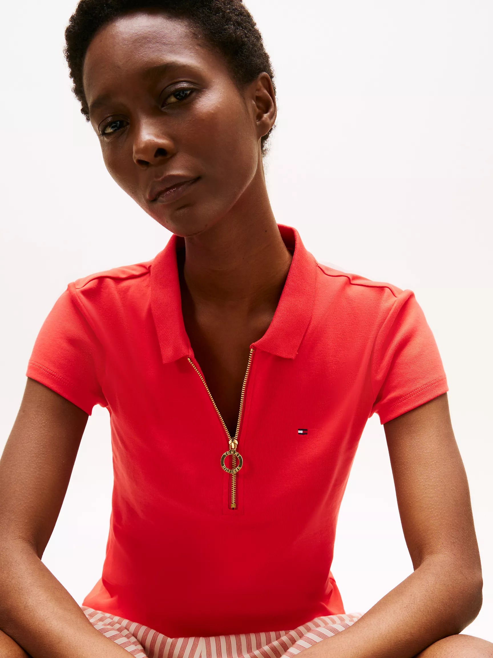 WOMENS' TOMMY Slim Fit Zip Polo/ Strawberry Field