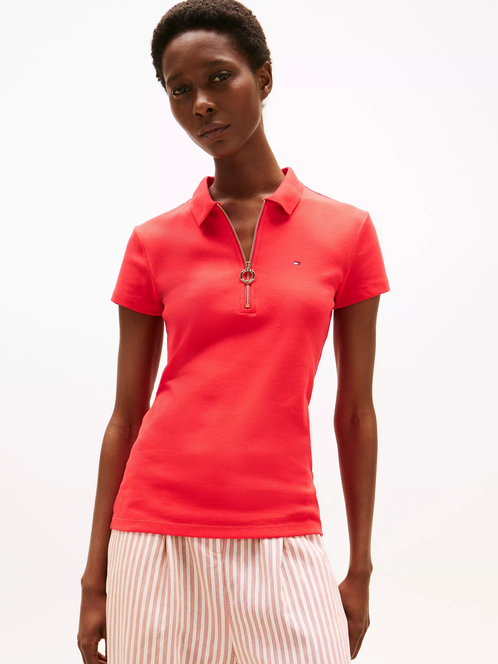 WOMENS' TOMMY Slim Fit Zip Polo/ Strawberry Field