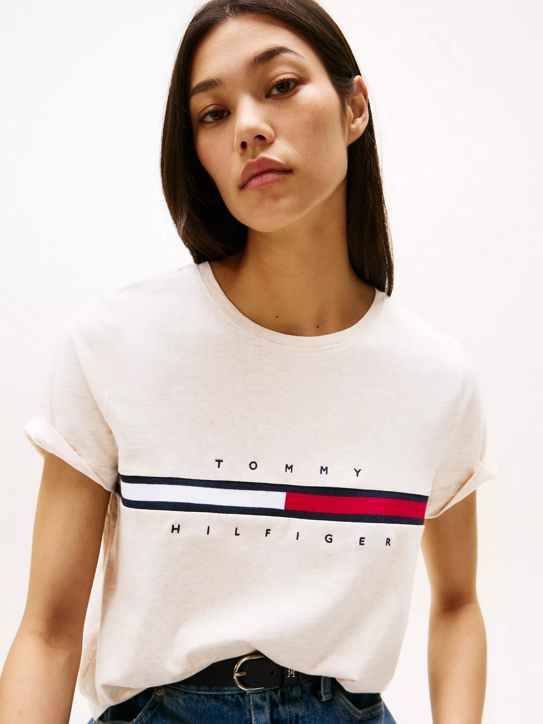 Womens' Embroidered Flag Stripe Logo T-Shirt/Beige Heather