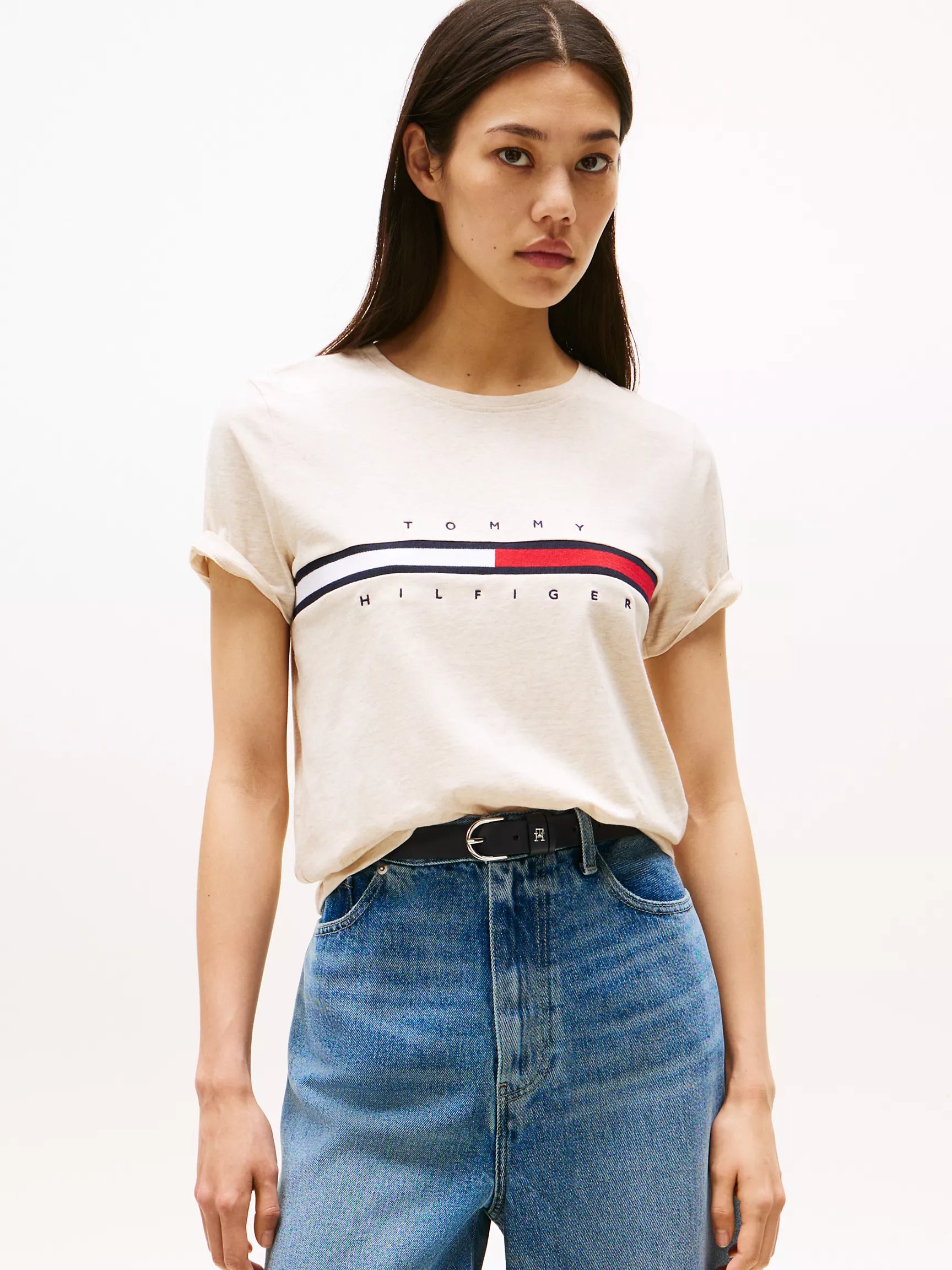 Womens' Embroidered Flag Stripe Logo T-Shirt/Beige Heather