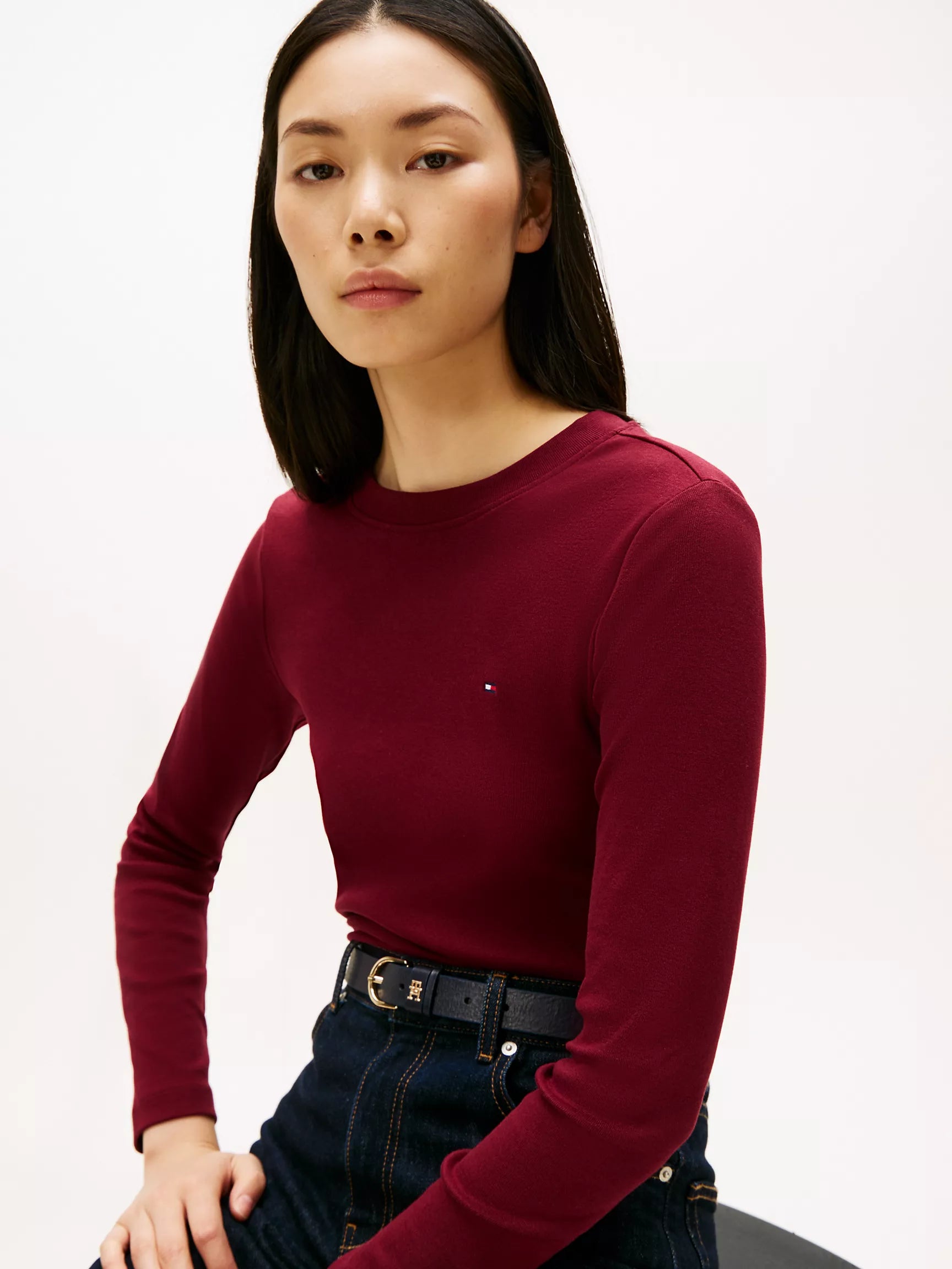 Womens' TOMMY Long-Sleeve Crewneck Favorite T-Shirt Burgundy