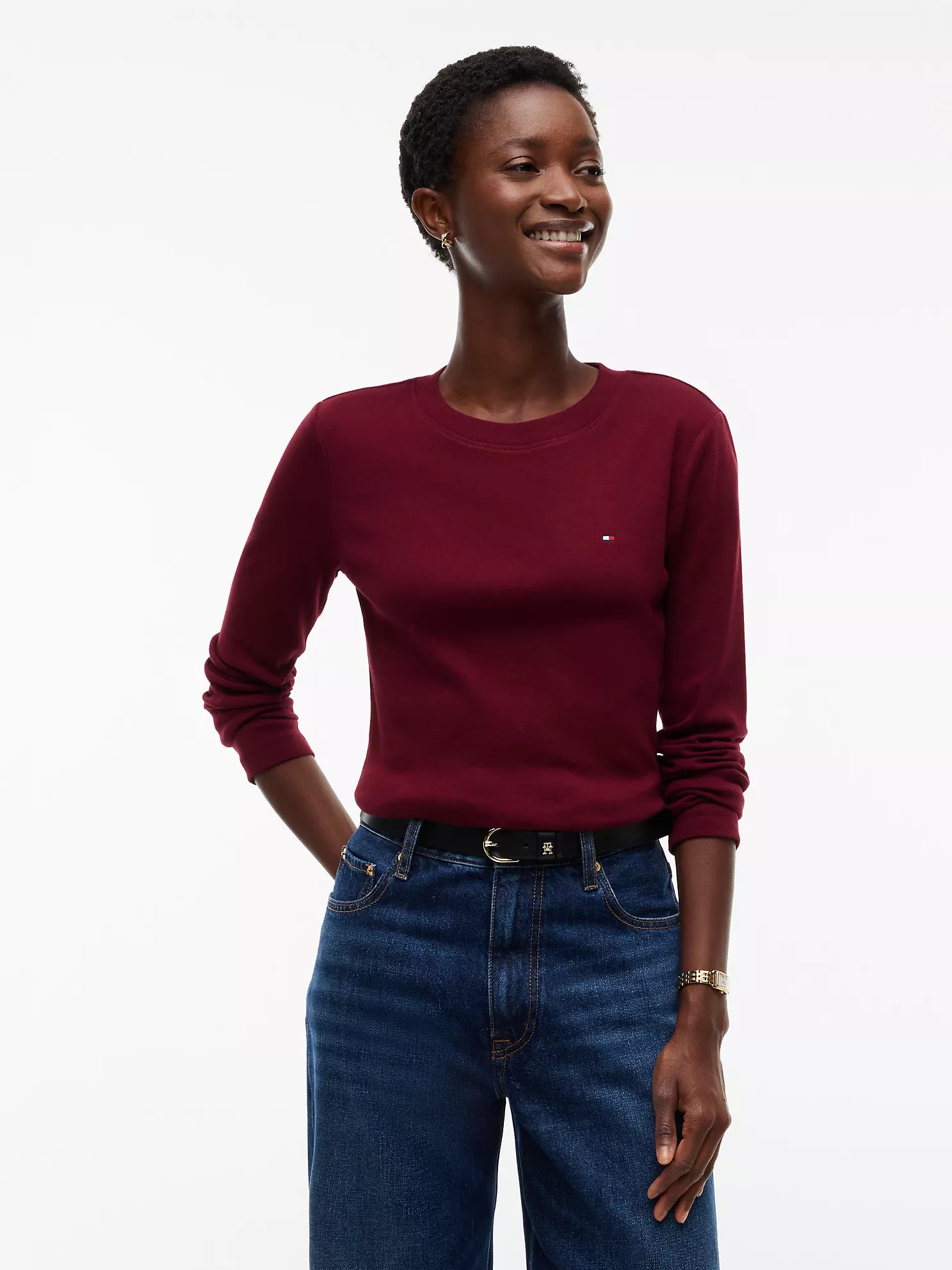 Tommy Hilfiger Women's Long-Sleeve Crewneck Favorite T-Shirt-Burgundy