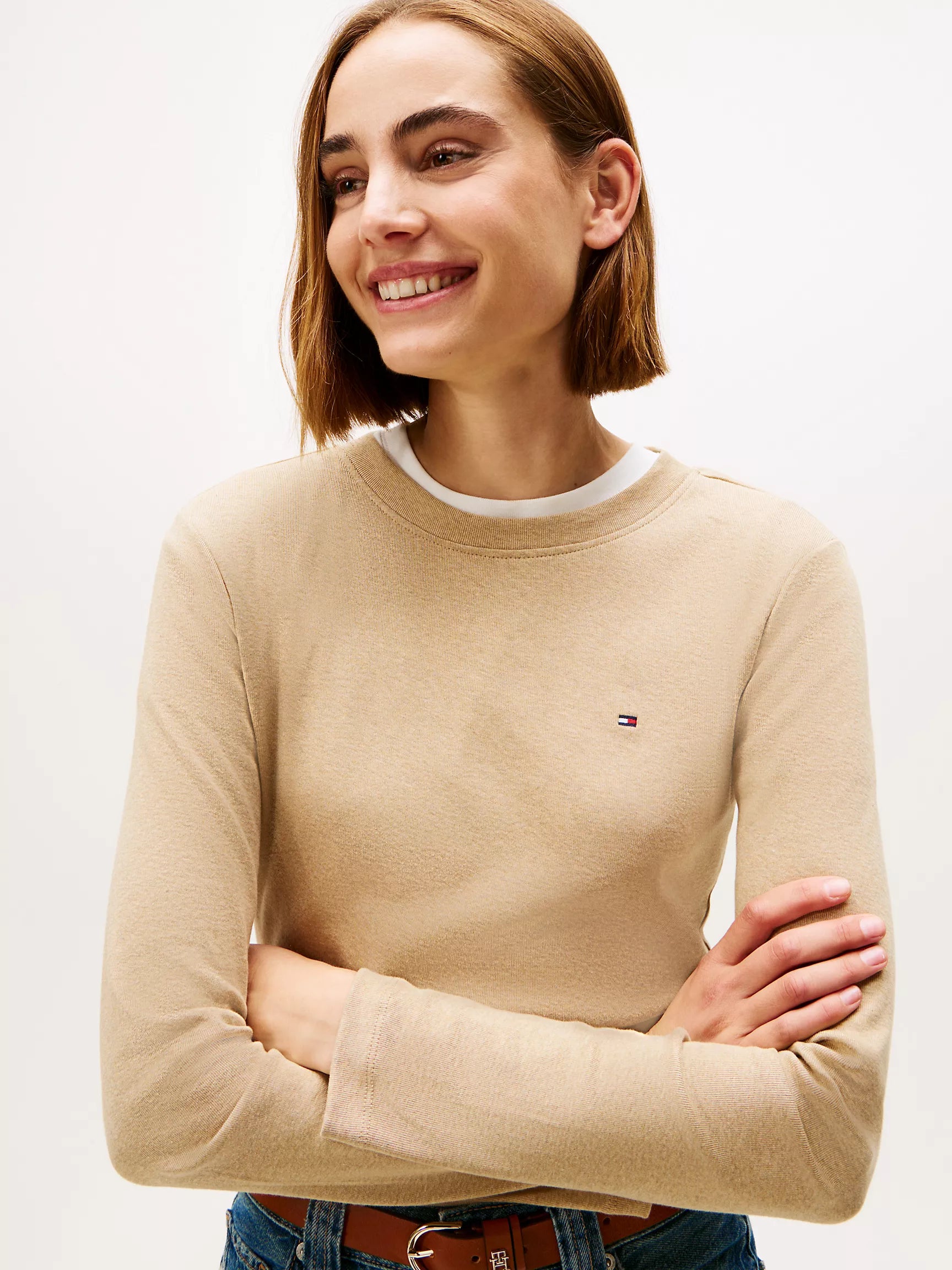 Womens' TOMMY Long-Sleeve Crewneck Favorite T-Shirt Beige Heather