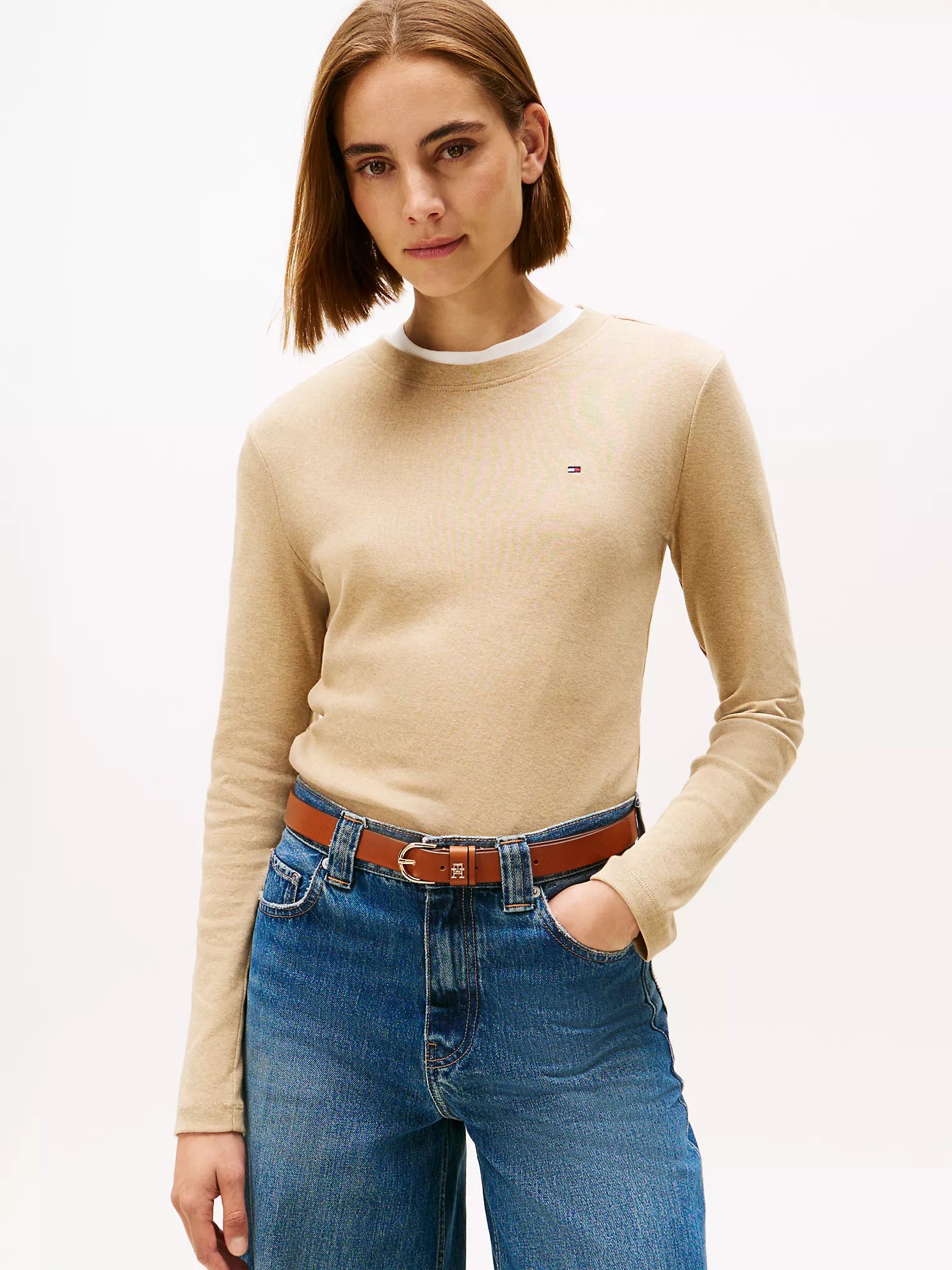 Womens' TOMMY Long-Sleeve Crewneck Favorite T-Shirt Beige Heather