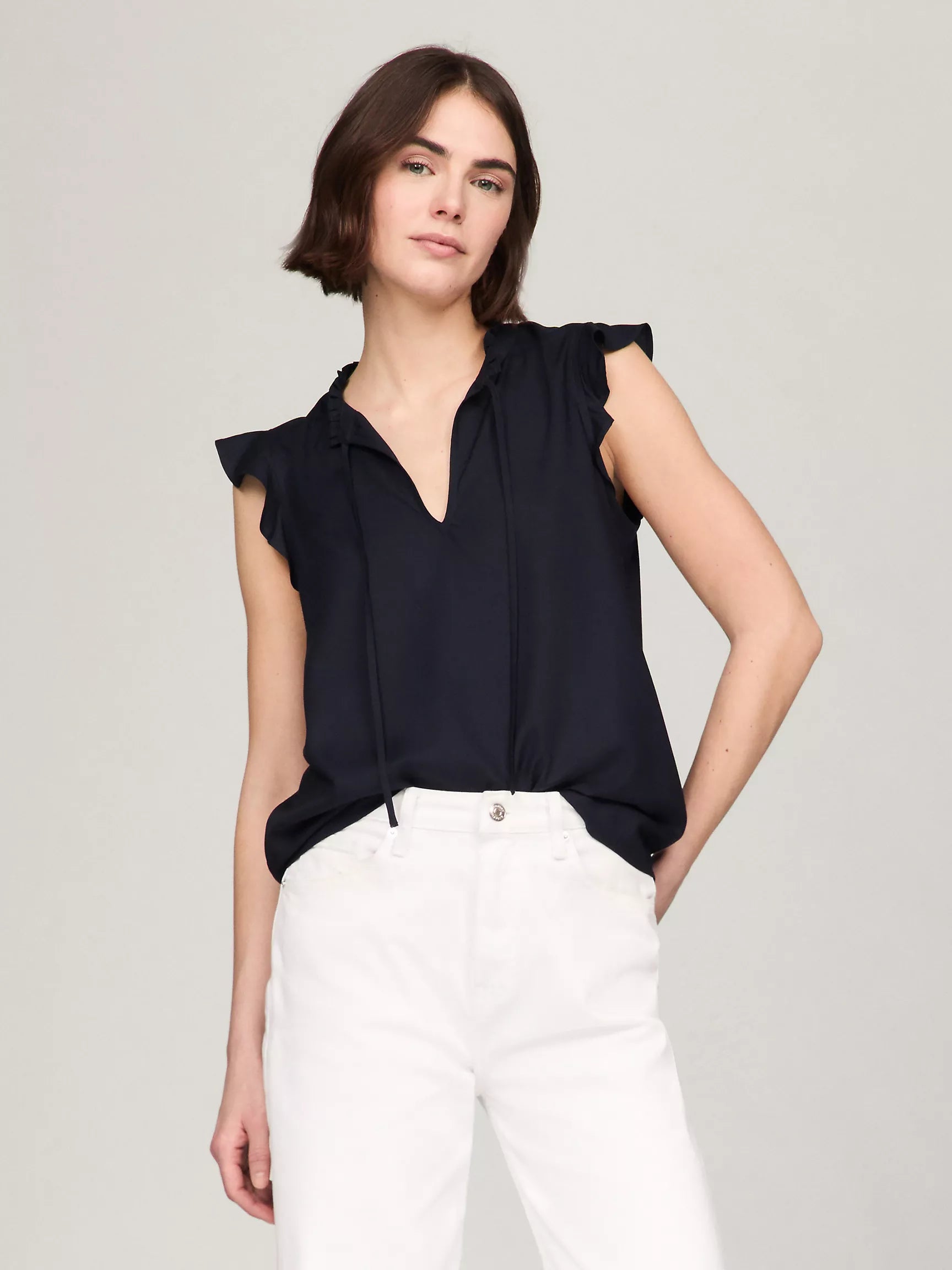 Women Tommys' Solid Flutter-Sleeve Ruffle Top/NAVY
