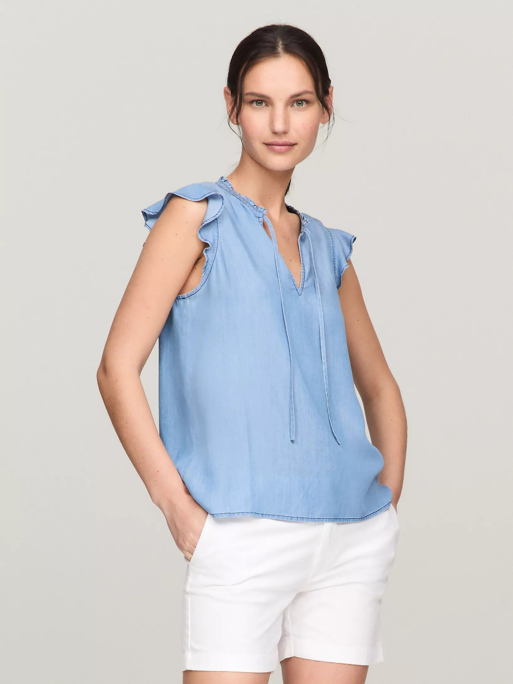 Womens' Tommy Chambray Flutter-Sleeve Ruffle Top
