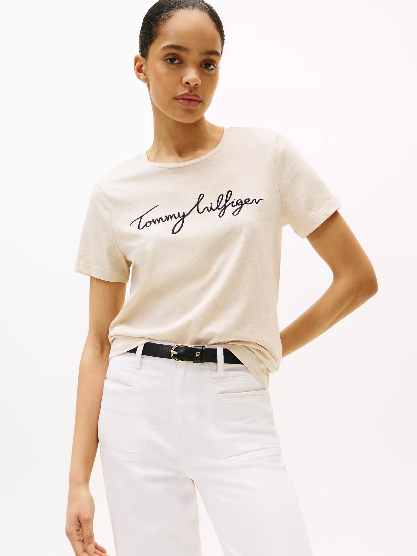 Womens' Tommy Embroidered Signature Crewneck T-Shirt/Beige Heather