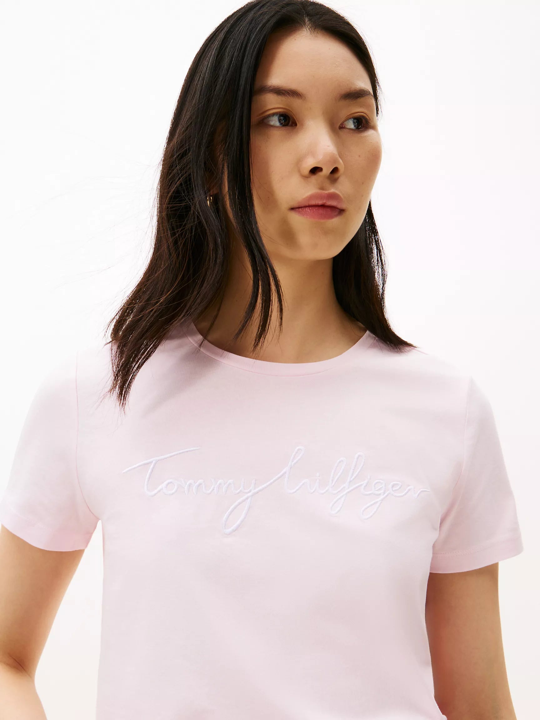 Womens' TOMMY Embroidered Signature Crewneck T-Shirt /Light Pink