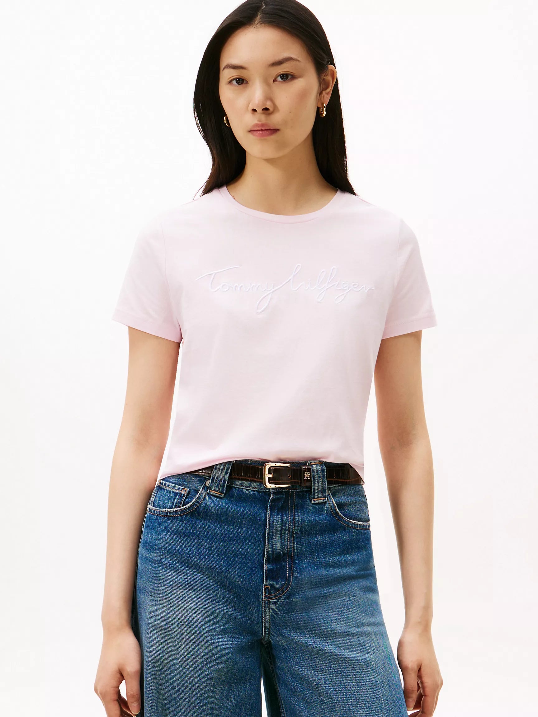 Womens' TOMMY Embroidered Signature Crewneck T-Shirt /Light Pink