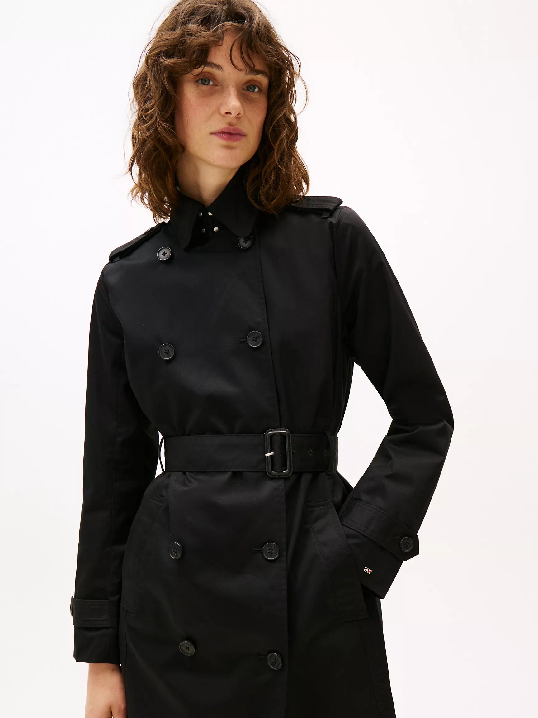 TOMMY WOMENS' Double-Breasted Belted Trench Coat BLACK