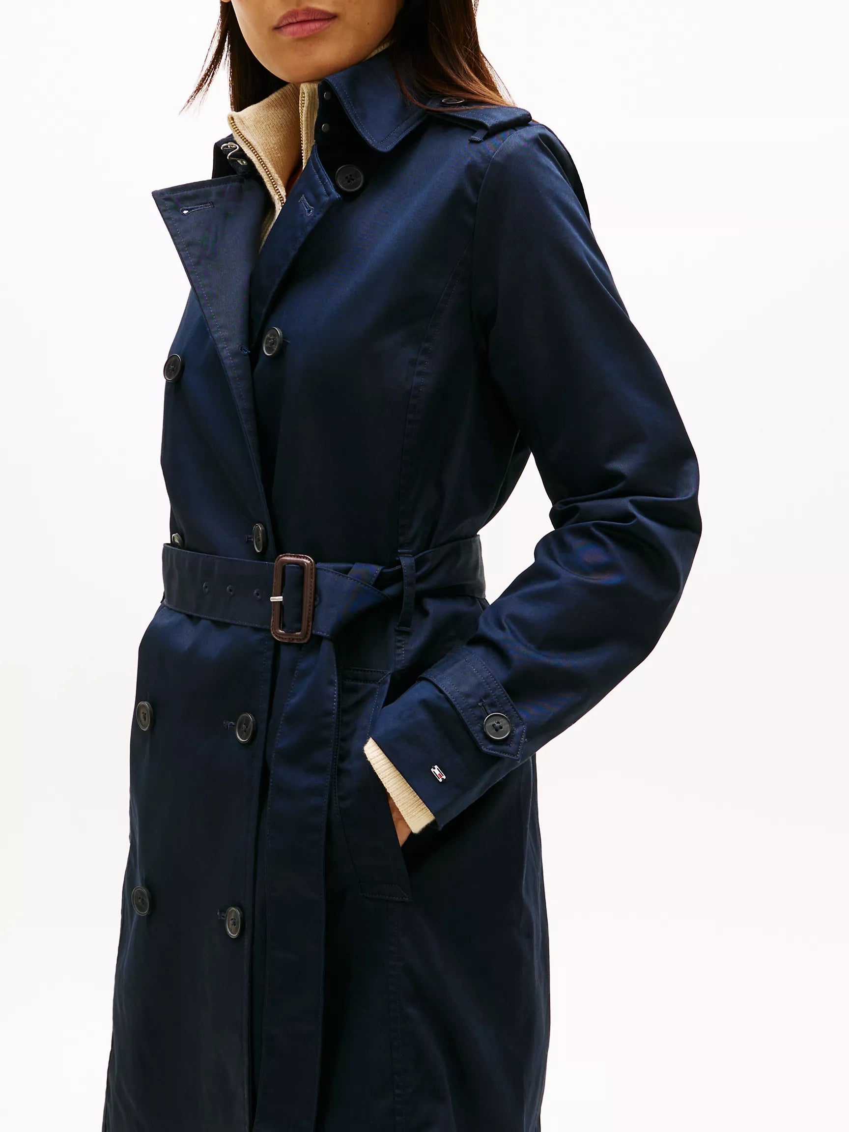 TOMMY WOMENS' Double-Breasted Belted Trench Coat Navy