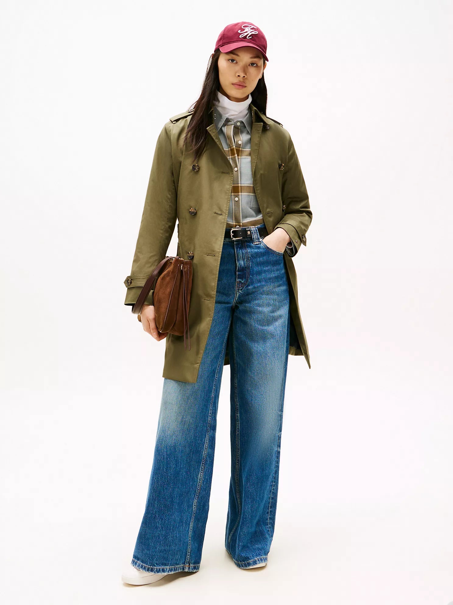 TOMMY WOMENS' Double-Breasted Belted Trench Coat Utility Olive