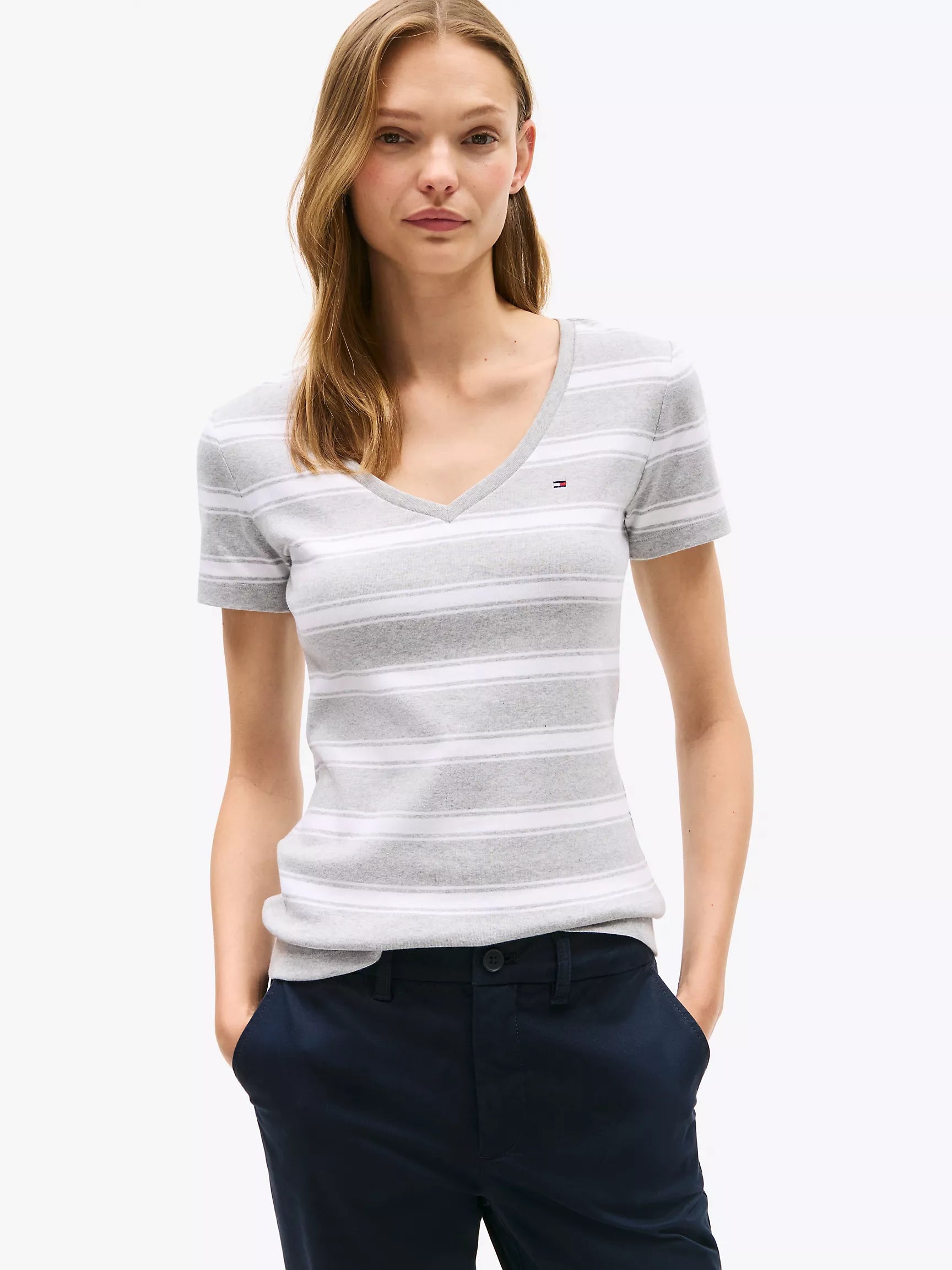 WOMENS' TOMMY V-Neck Stripe Favorite T-Shirt/Grey Heather Stripe