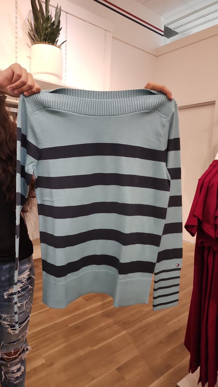 TOMMY WOMENS' Stripe Boatneck Sweater/Crystal Lake