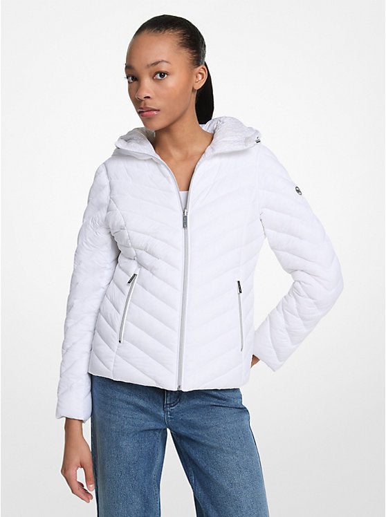 Michael Kors WOMENS' Chevron Logo Print Quilted Nylon Reversible Jacket WHITE