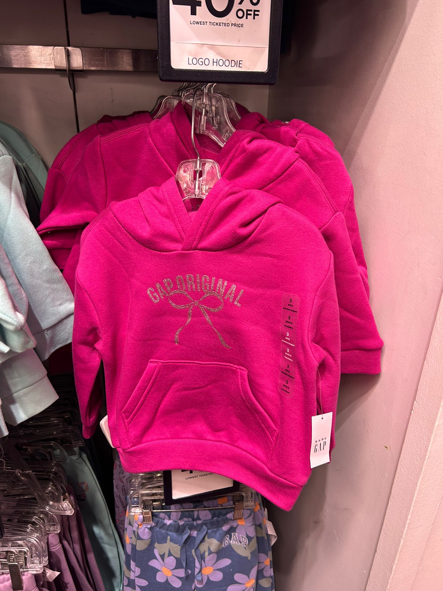 Gap BabyGirl × Disney Relaxed Logo Hoodie Bright Fuchsia Pink Bow