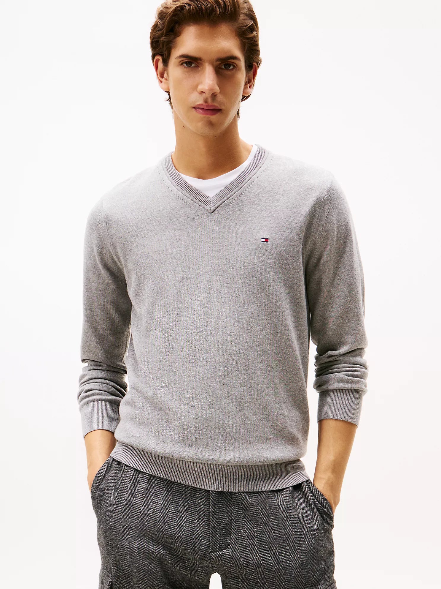 Tommy MENS' Solid Logo V-Neck Sweater Grey Heather