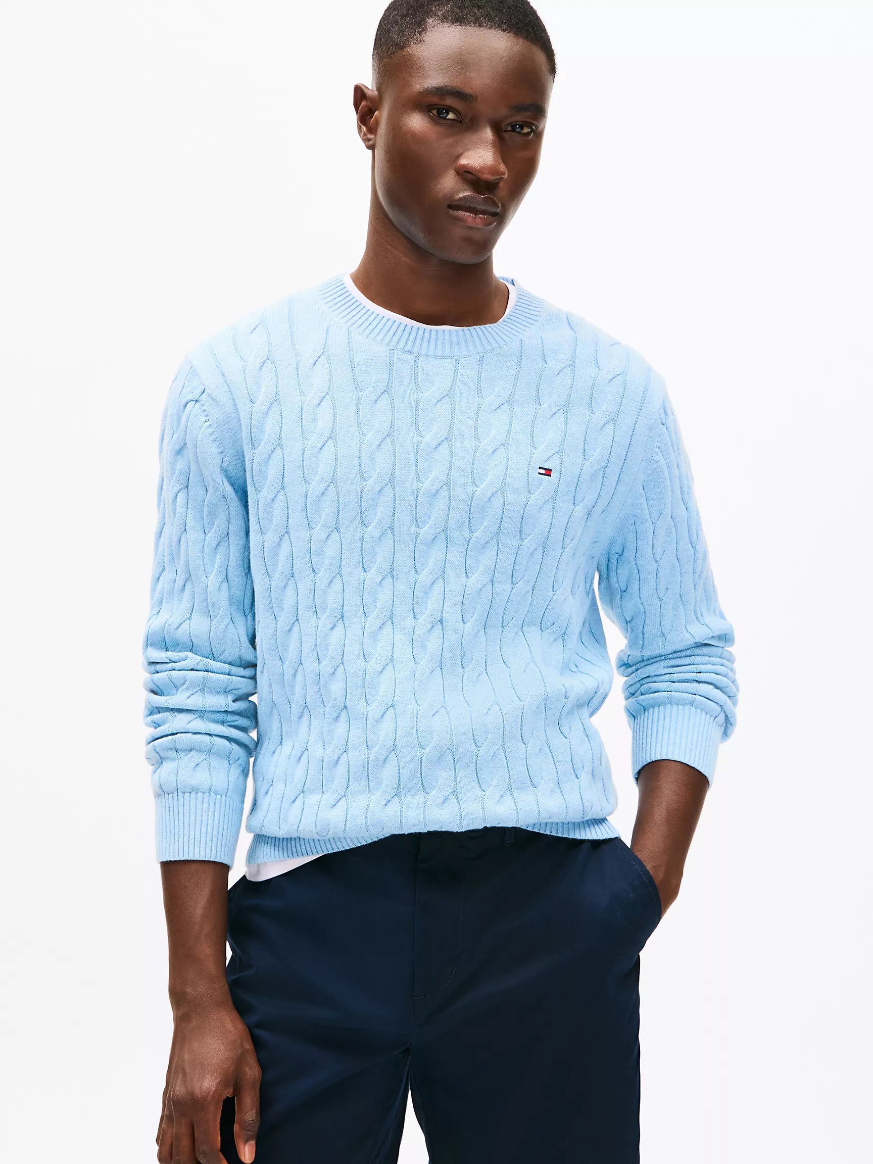 Tommy Mens' Cable Knit Crewneck Sweater/ Light Blue