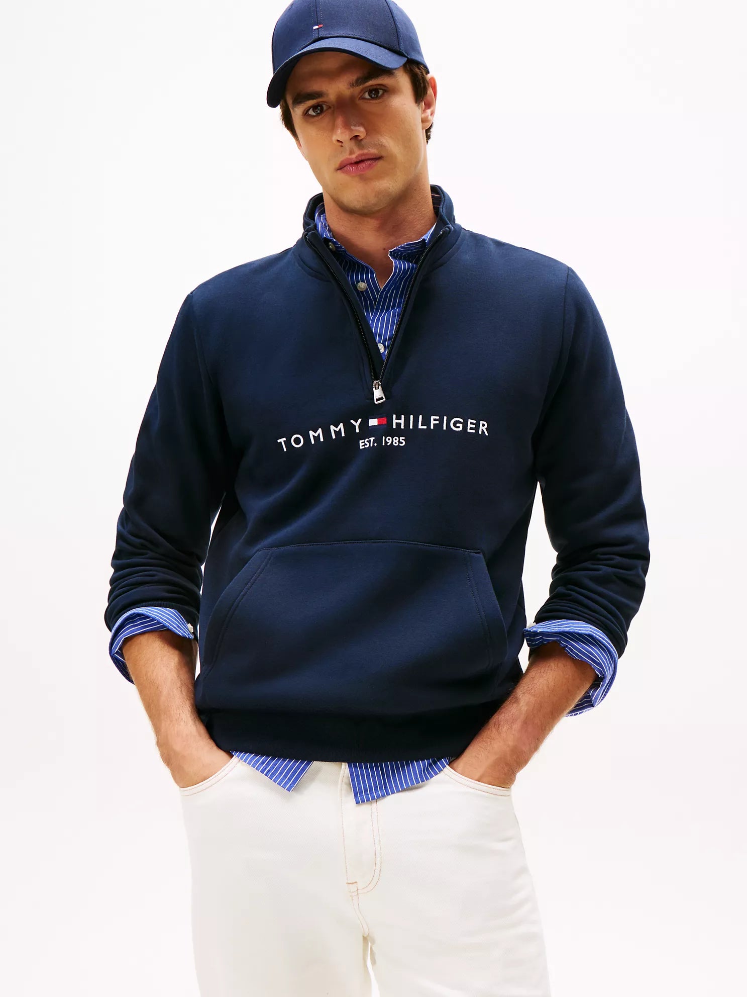 Tommy Mens'Embroidered Tommy Logo Quarter-Zip NAVY