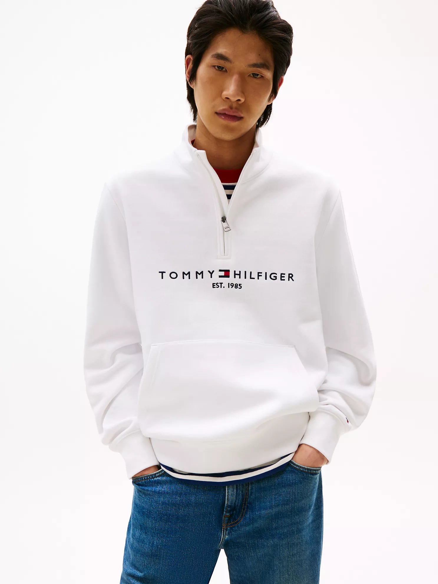 Tommy Mens'Embroidered Tommy Logo Quarter-Zip Fresh White