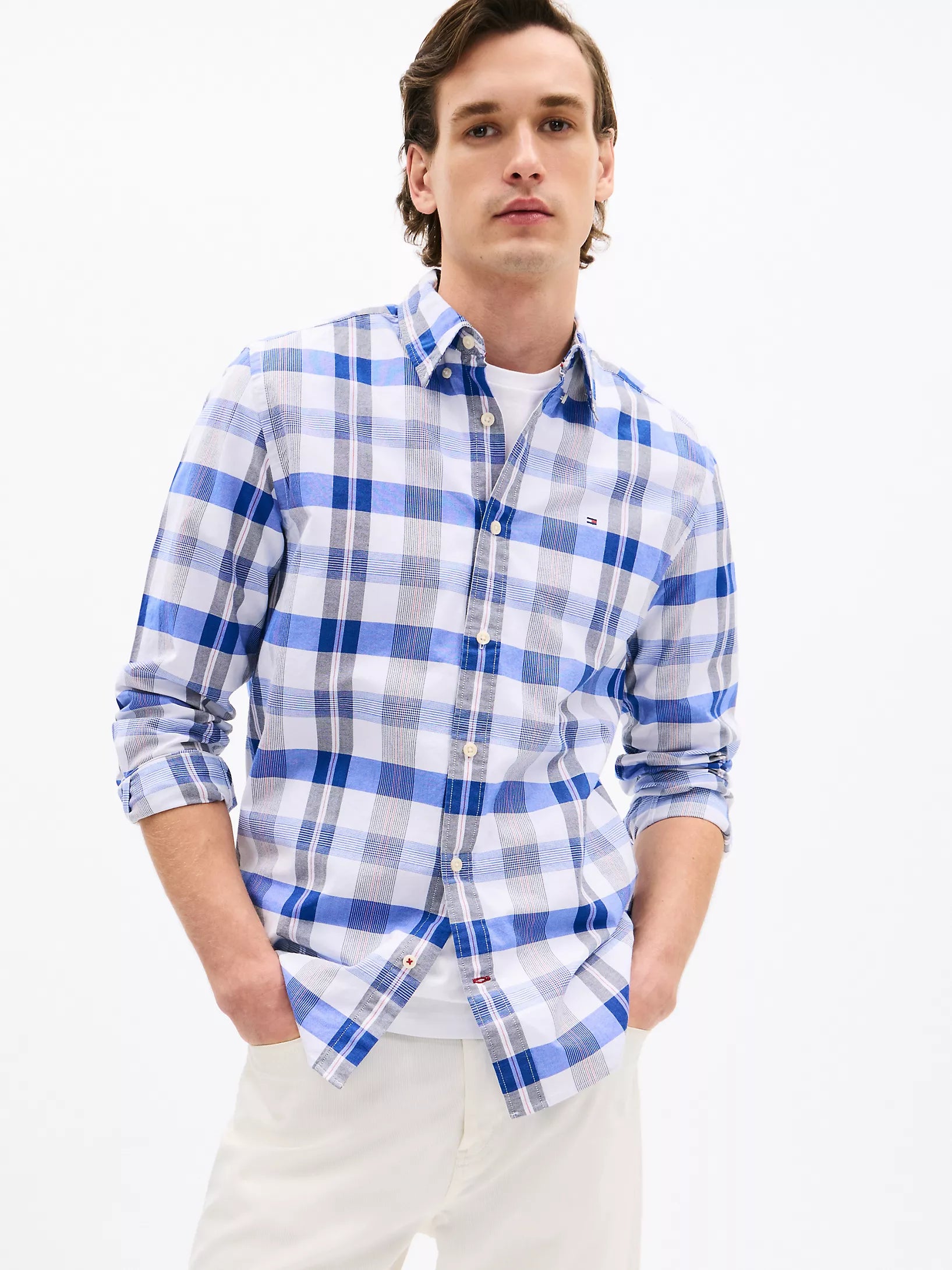 TOMMY MENS' Regular Fit Plaid Oxford Shirt