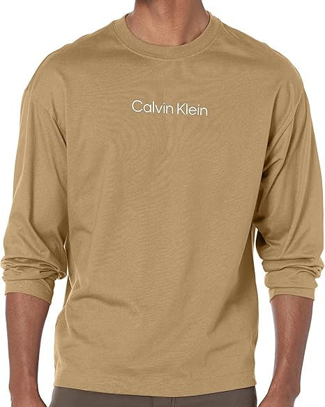 Calvin Klein mens Relaxed Fit Standard Logo Crewneck Long Sleeve Tee Shirt