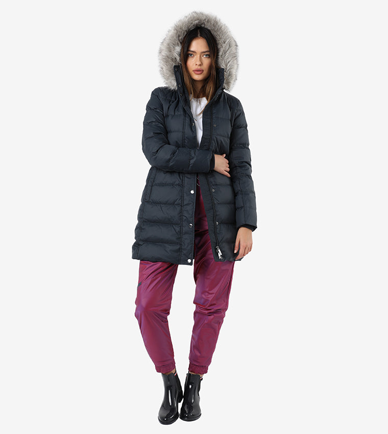 Tommy Hilfiger WOMENS' Hooded Water-Repellent Down Coat-NAVY